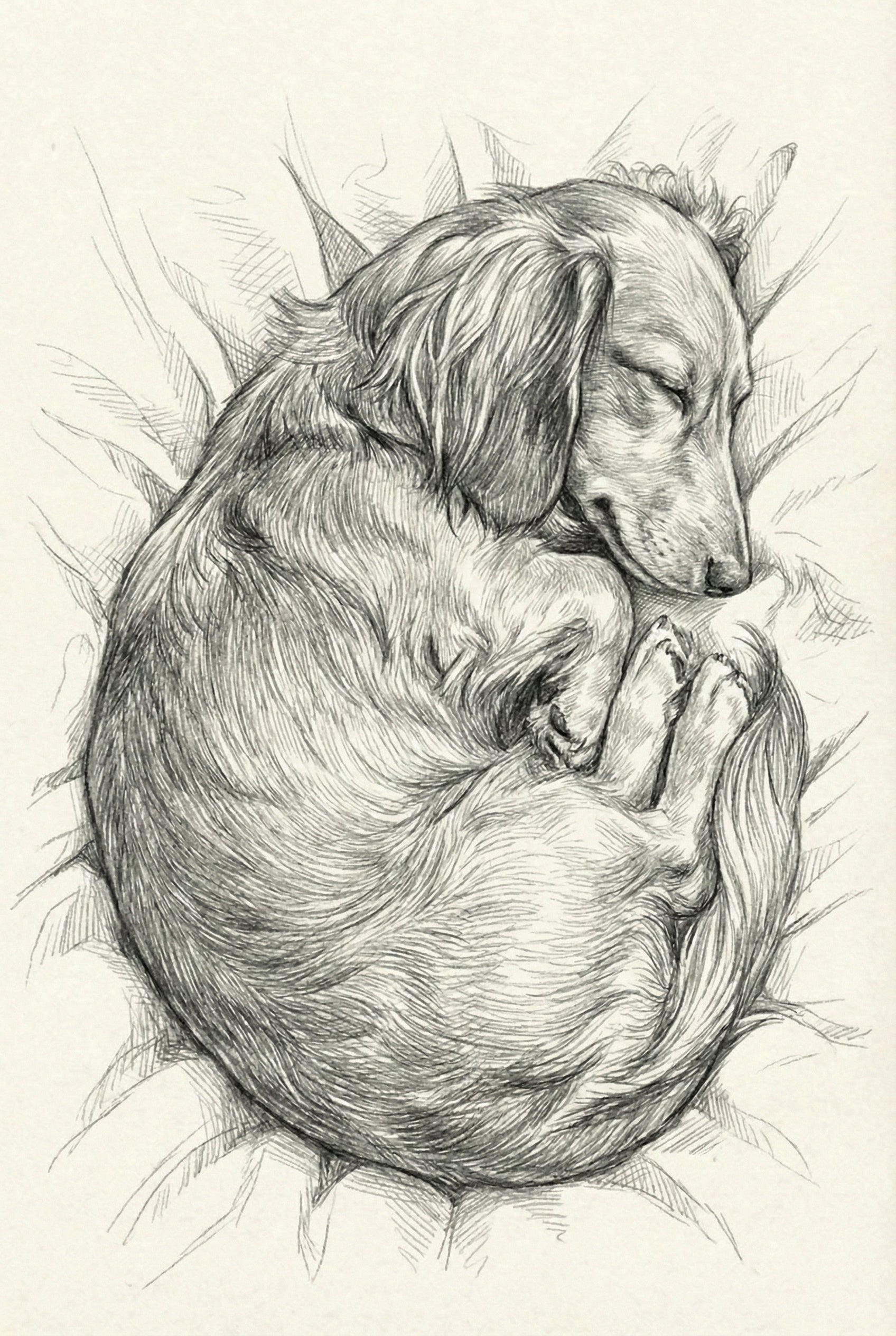Realistic drawing of a long-haired dachshund sleeping curled in a tight ball on a cushion or blanket, eyes closed and tail wrapped inward.