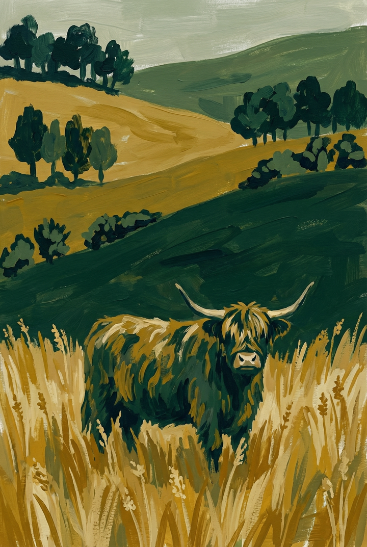 Long horned highland cow wall art featuring a shaggy bovine in tall grass before rolling hills and green trees.