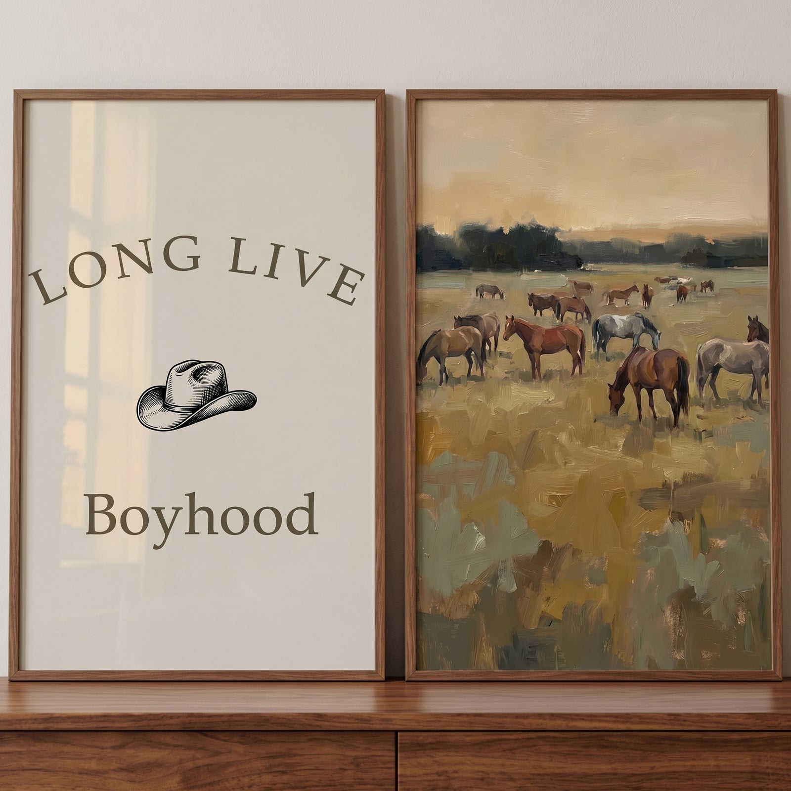 Long live boyhood horse wall art set of 2 featuring a cowboy hat graphic and a landscape of grazing horses in a field.