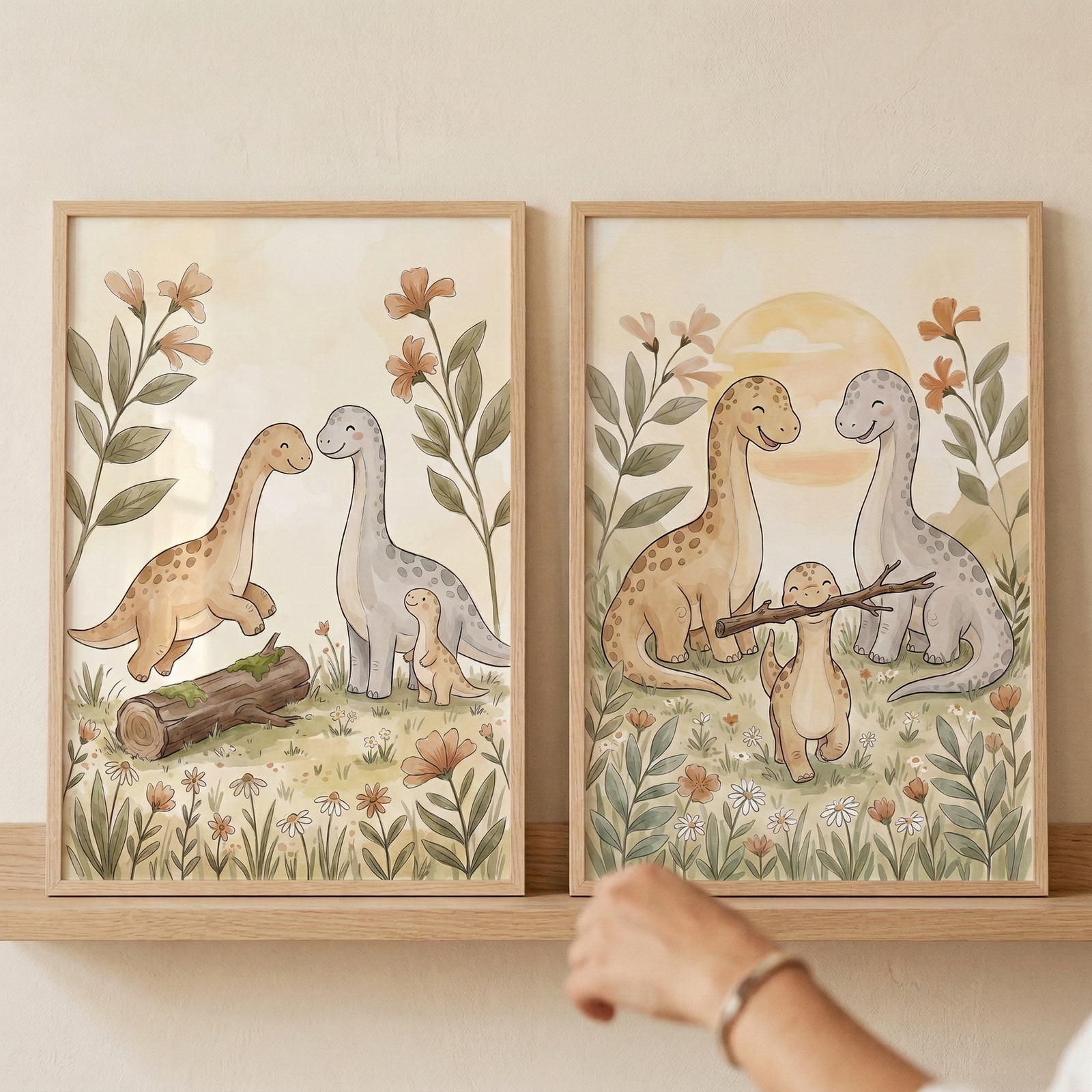 Two framed watercolor-style illustrations of cartoon dinosaurs sit on a wooden shelf. The left frame shows a tan long-necked dinosaur jumping over a log next to a grey dinosaur and its baby in a floral meadow. The right frame features two larger dinosaurs watching a baby dinosaur carry a stick in its mouth under a soft sun. Both artworks use muted, earthy tones and are surrounded by leafy plants and flowers. A hand reaches toward the right frame.