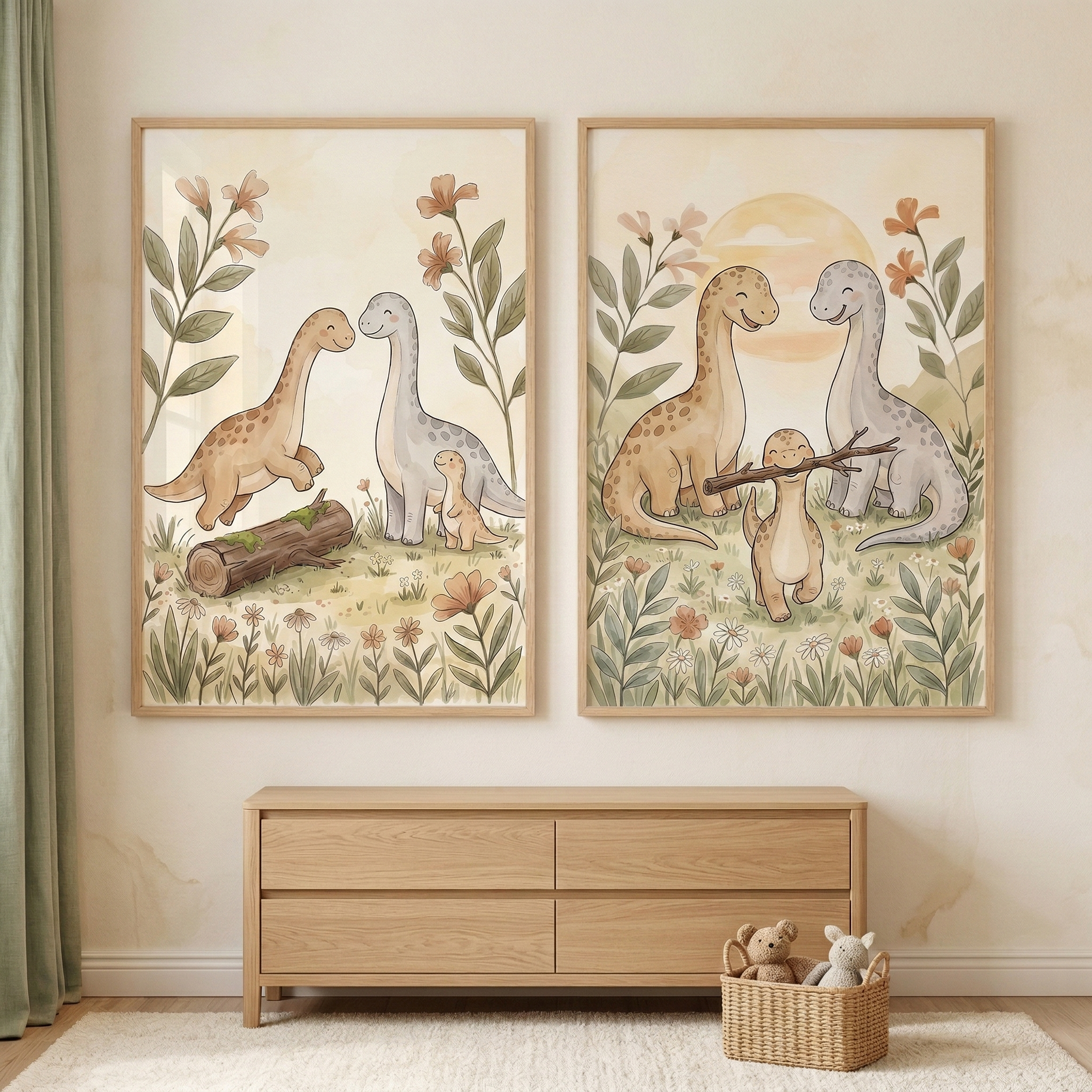 Long Neck Dinosaur Family Wall Art Set of 2 - Sweet Dino Family