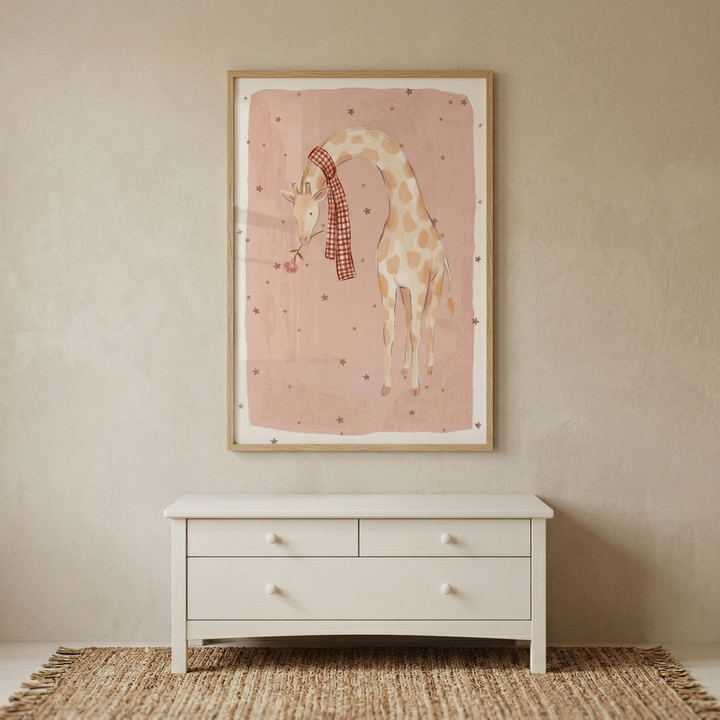 This image displays a framed watercolor illustration of a gentle-looking giraffe hanging on a neutral, textured wall. The giraffe is depicted in soft tones with distinct spots, featuring a gracefully curved neck and wearing a charming red and white checkered scarf. It appears to be holding a delicate pink flower in its mouth. The background of the artwork is a muted salmon color accented with tiny star shapes. 
