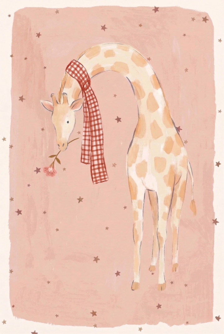 A gentle illustration of a tall giraffe wearing a red gingham scarf and holding a small pink flower in its mouth set against a muted pink background with tiny stars.
