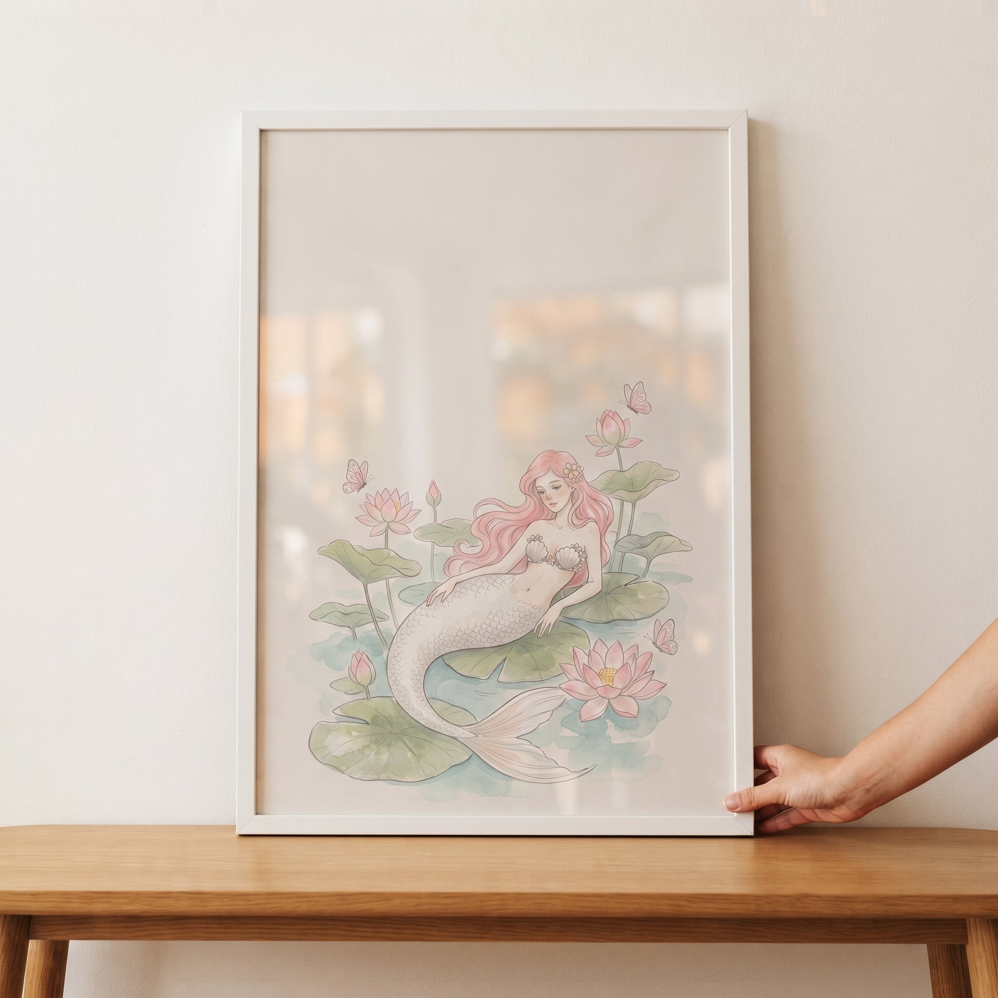 Long Pink Hair Mermaid Wall Art - Serene Lily Maiden
