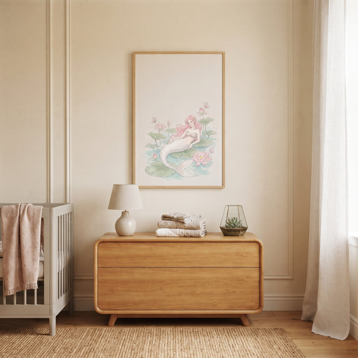 Long pink hair mermaid wall art hangs above a wooden dresser in a neutral nursery with a grey crib and woven rug.