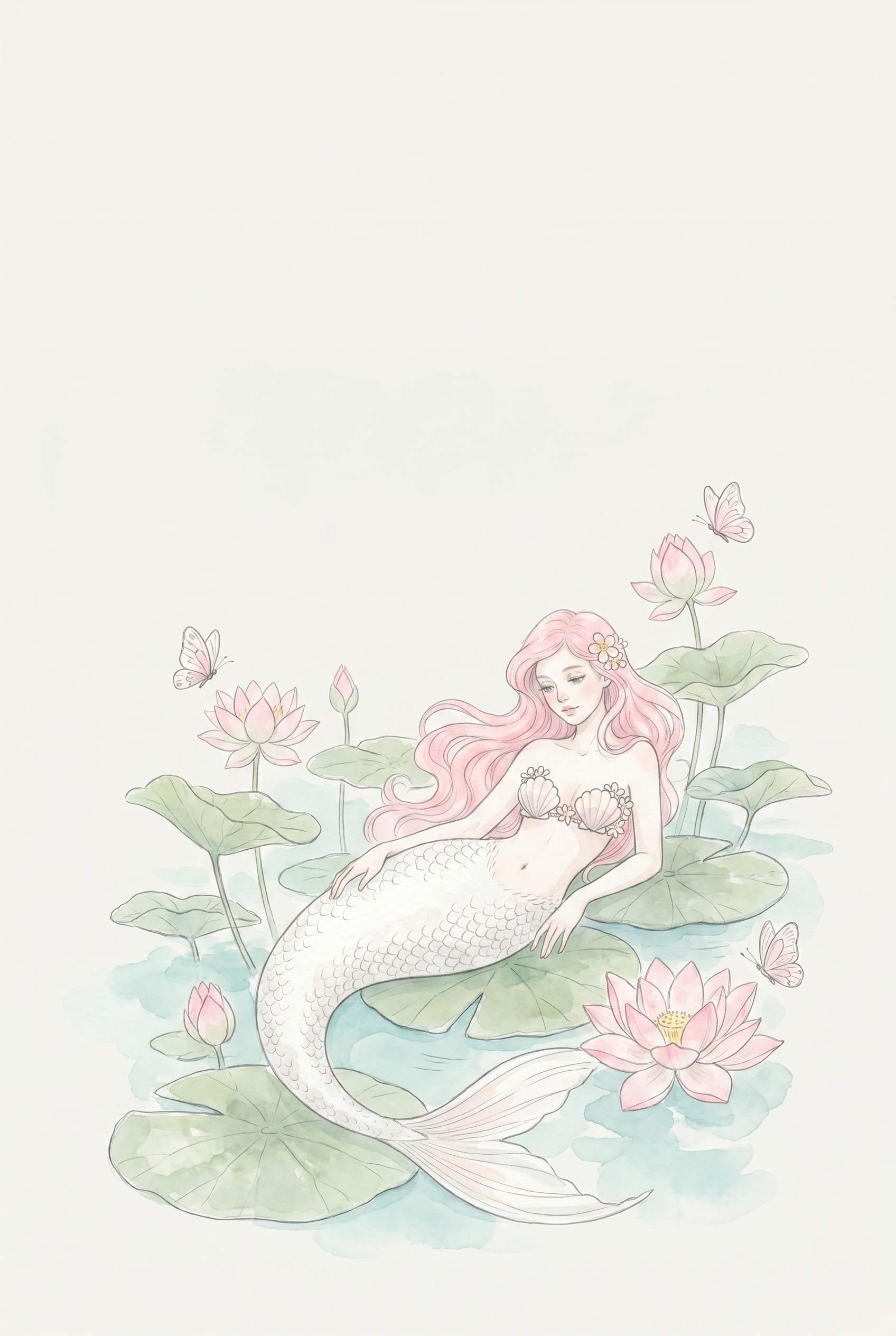 Long Pink Hair Mermaid Wall Art - Serene Lily Maiden