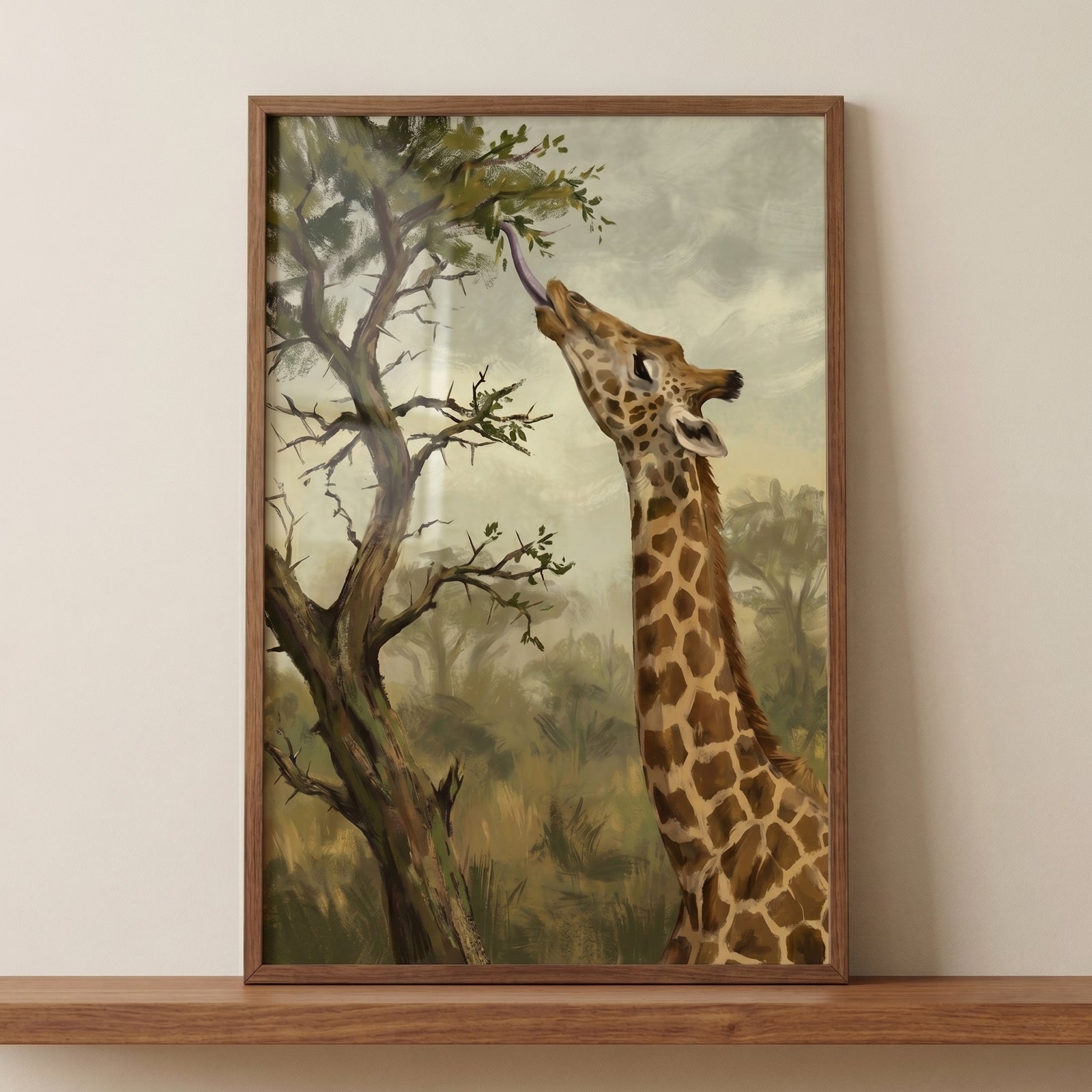 Long tongue eating giraffe wall art shows a giraffe reaching for tree leaves in a textured, earth-toned landscape.