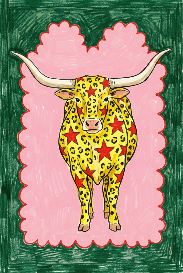 Bold and whimsical illustration of a longhorn cow with yellow, leopard-like spots and large red stars covering its body. The cow stands against a scalloped pink background with a deep green border, blending pop art and folk art styles.