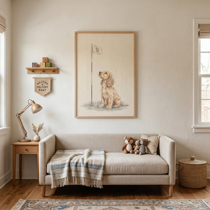Looking up cocker spaniel dog wall art of a puppy by a golf flag hangs above a neutral sofa in a cozy room.