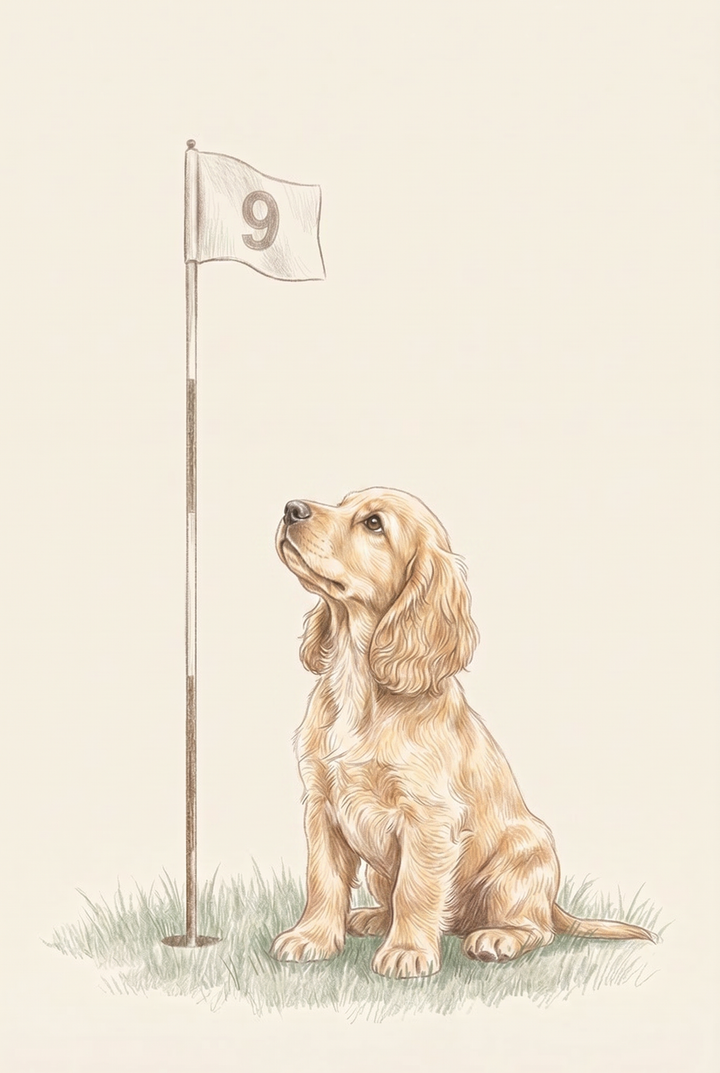 Golden puppy looking up cocker spaniel dog wall art sits on green grass next to a number nine golf flag.