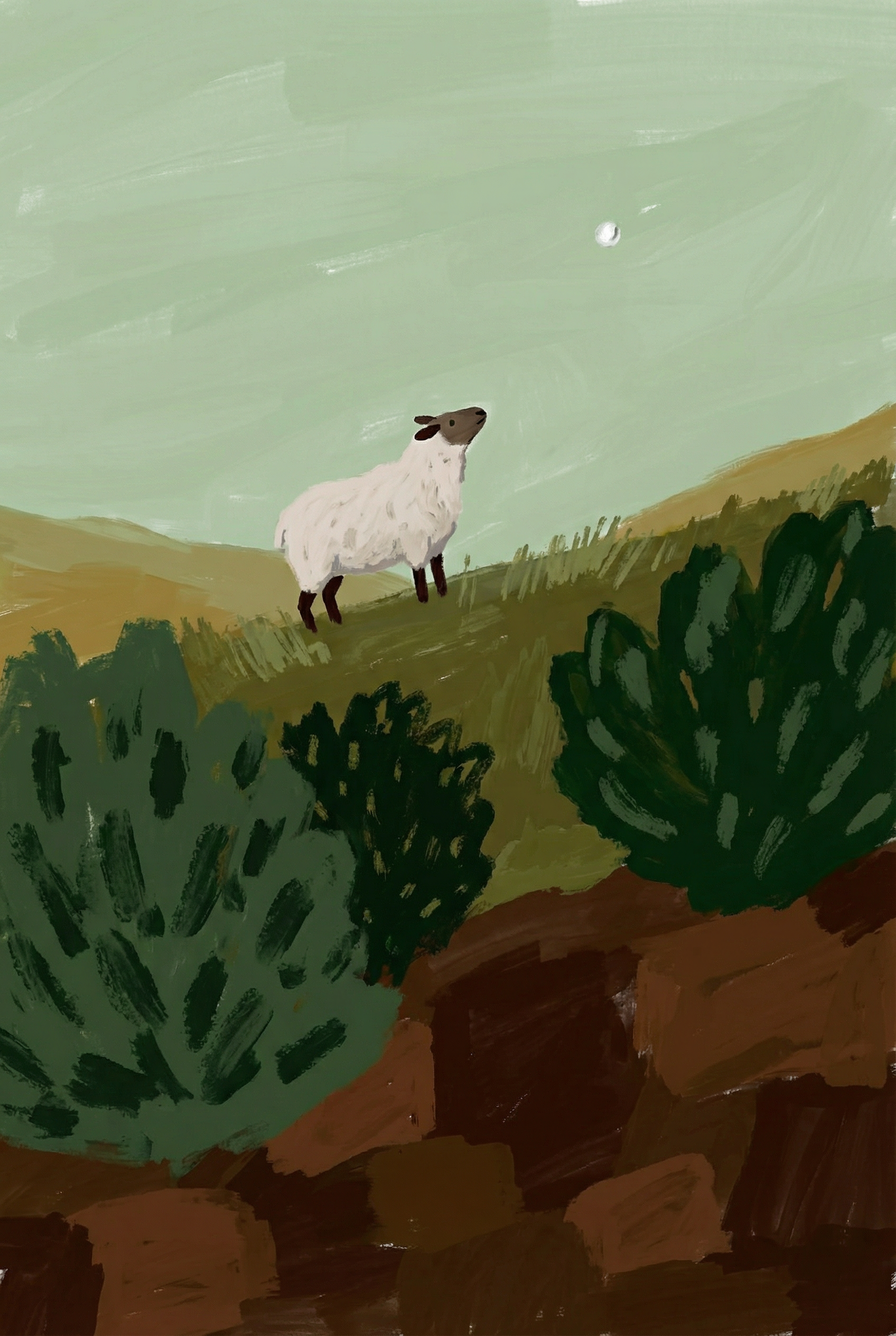 Looking Up Woolly Sheep Wall Art - Moonlit Sheep