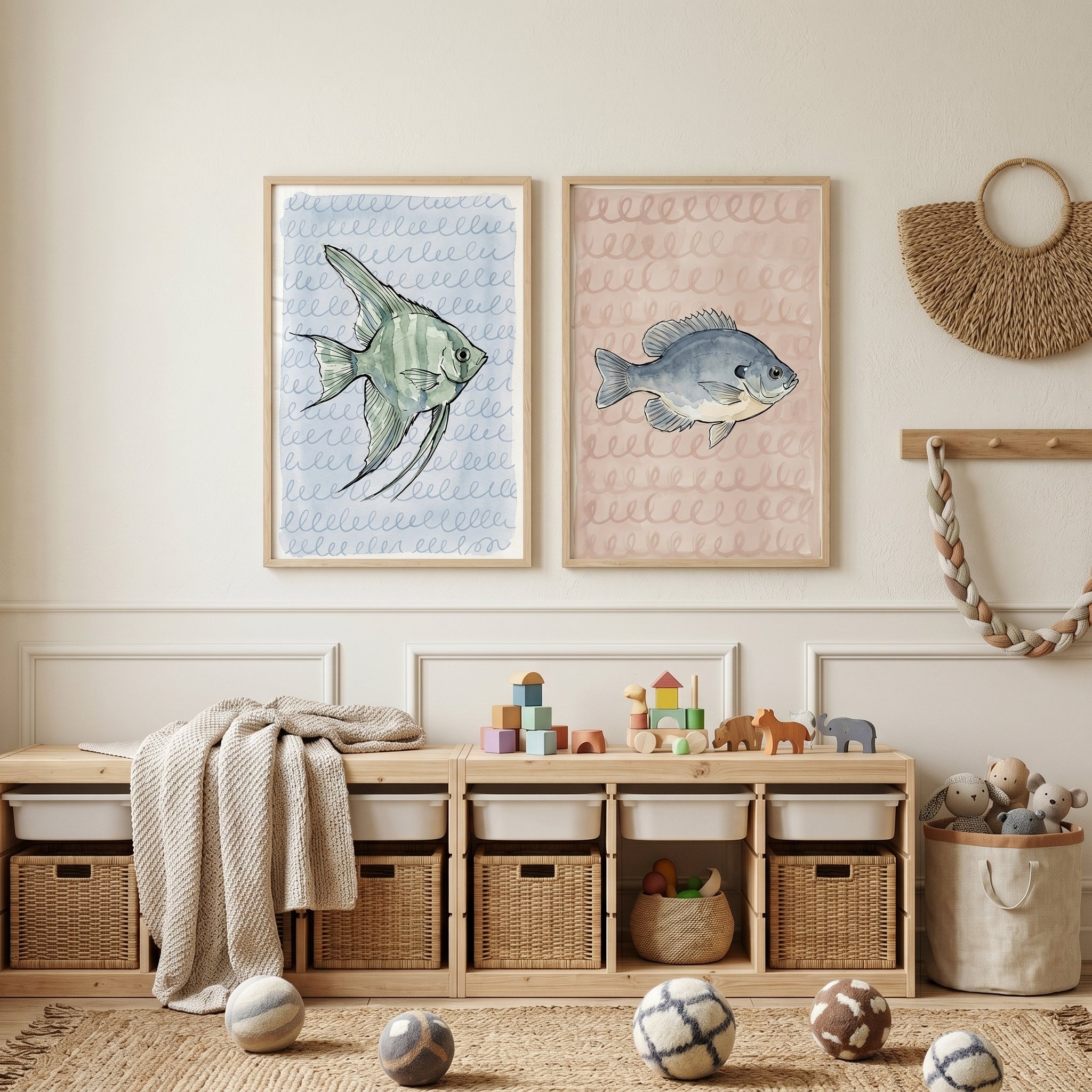 Loopy Pattern Watercolor Fish Wall Art Set of 2 - Serene Swimmers