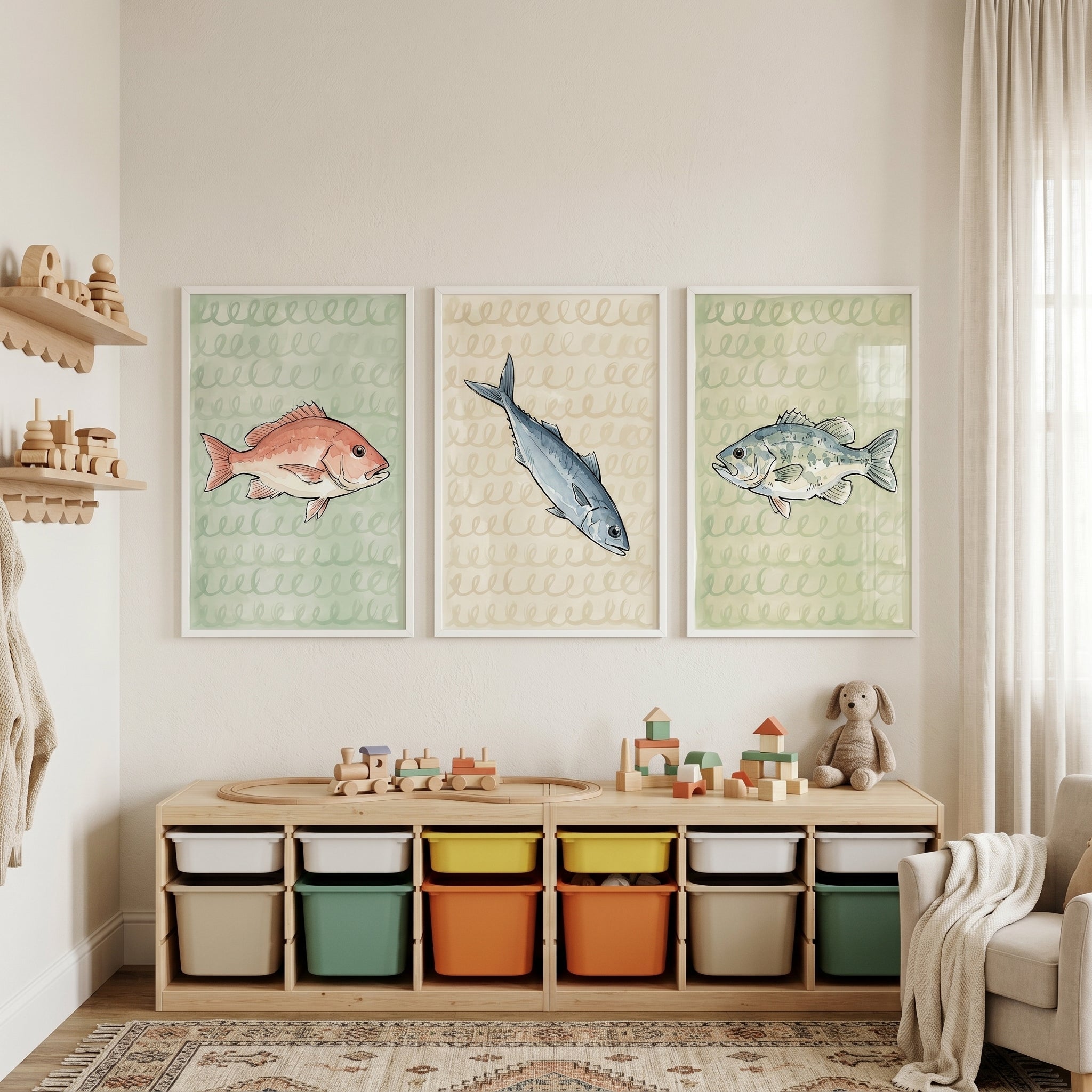 Loopy Scribble Pattern Fish Wall Art Set of 3 - Coastal Catch Trio