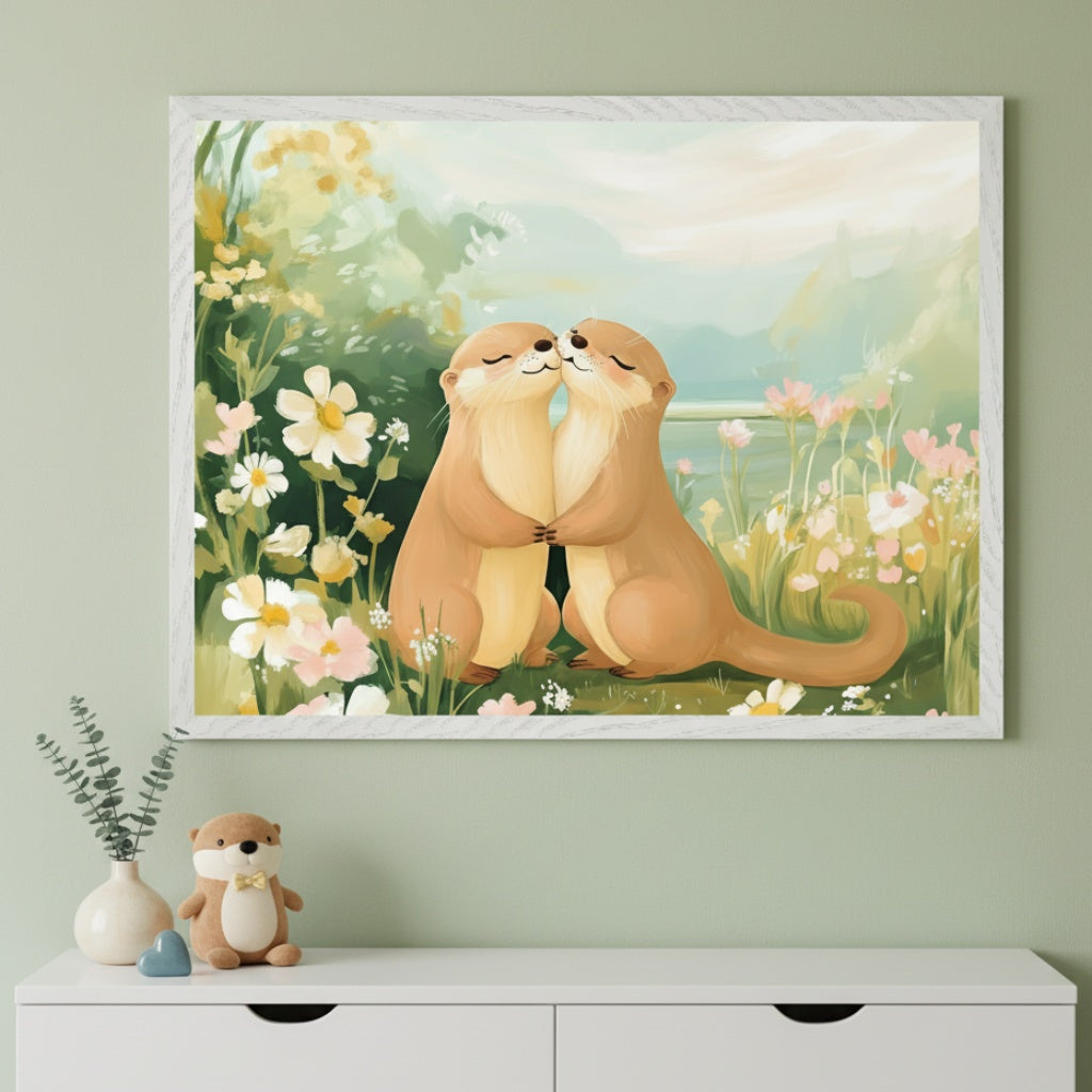 Modern room with a light green wall and white dresser. A large framed watercolor-style print of two cartoon otters hugging in a flowery landscape hangs above the dresser. A stuffed otter, vase, and blue heart are on the dresser.
