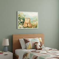 Kid's bedroom with a wooden bed and white nightstand. A framed illustration of two otters hugging in a flowery field by a lake hangs on the green wall above the bed.