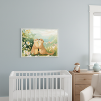 Modern nursery with a light blue wall. A white crib, wooden dresser, and beige armchair are visible. Above the crib, a framed print shows two cartoon otters embracing in a field of wildflowers by a lake.