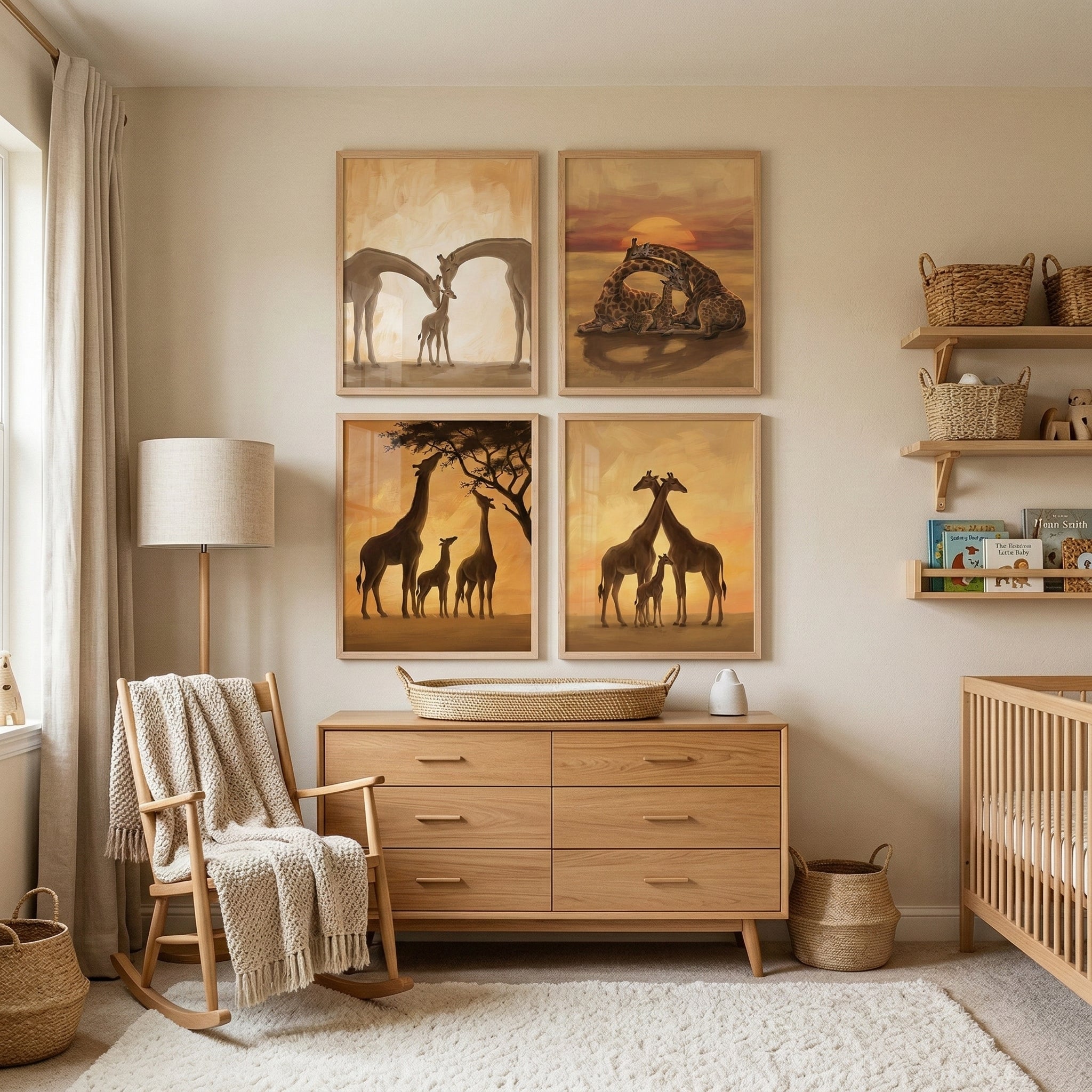 Giraffe Family Bond Artwork Set of 4 - Golden Giraffe Moments
