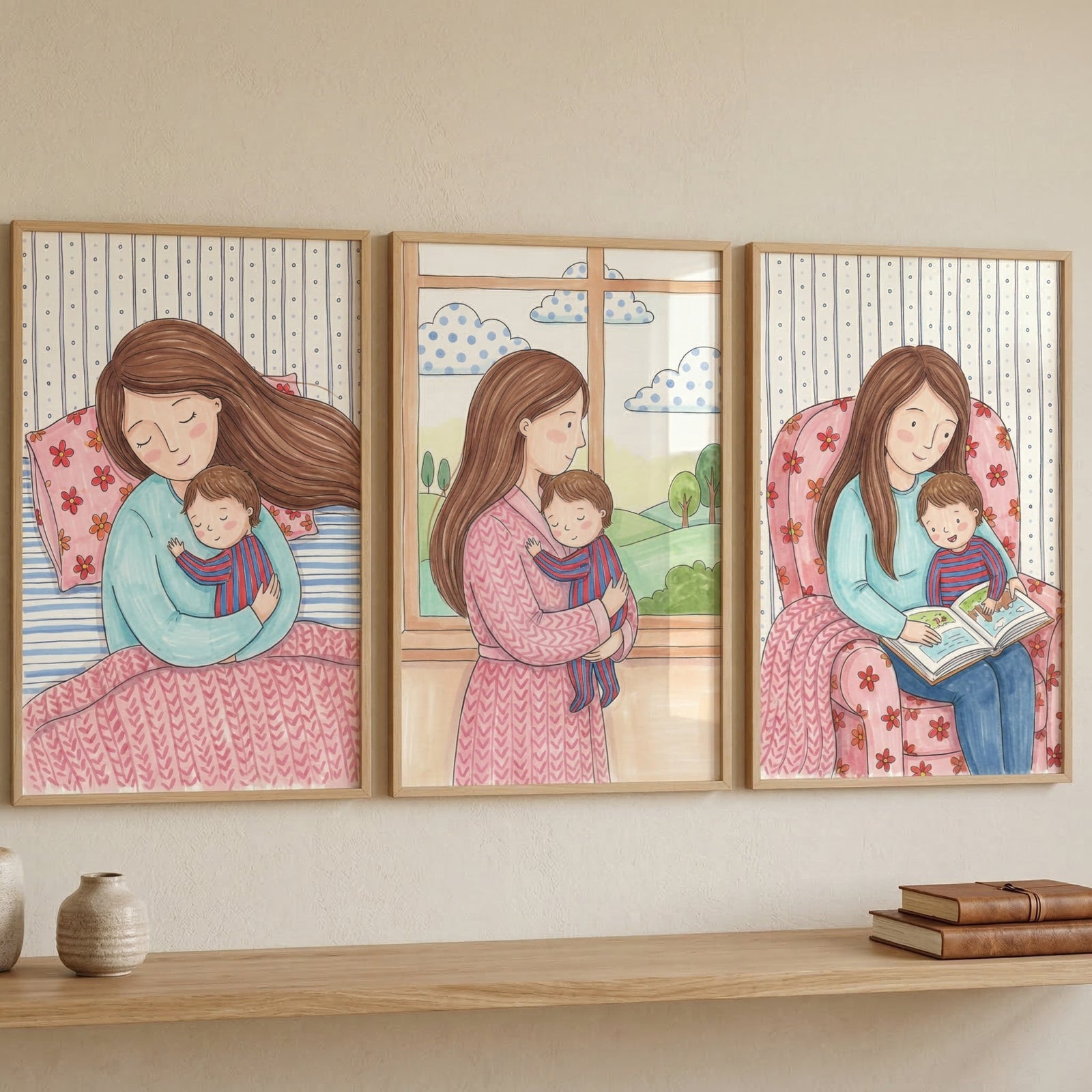 Three framed illustrations are displayed in a row on a light beige wall above a wooden shelf. Each artwork portrays a gentle scene between a mother figure and a small child in a soft, illustrative style. 

In the first frame on the left, the duo is shown sleeping peacefully in a bed with a pink patterned blanket and a striped blue background. The middle frame depicts the woman in a pink robe holding the child while standing by a window that looks out onto a rolling green landscape with stylized clouds. 