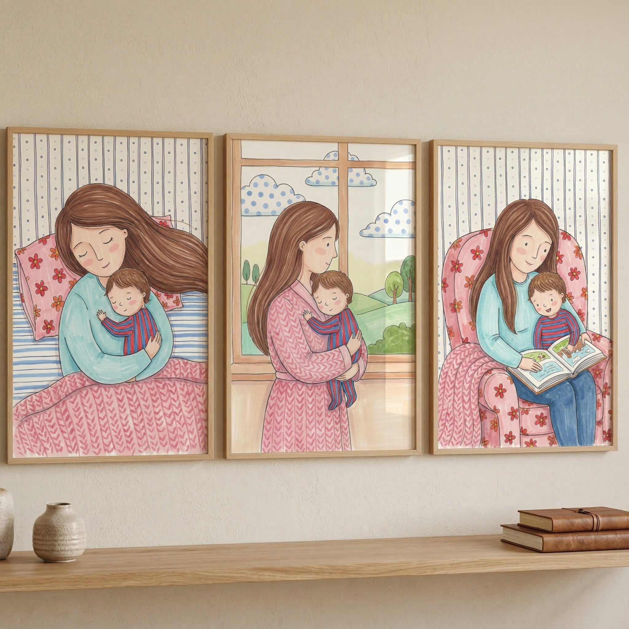 Loving Mom And Child Bonding Wall Art Set of 3 - Sweet Motherhood Moments