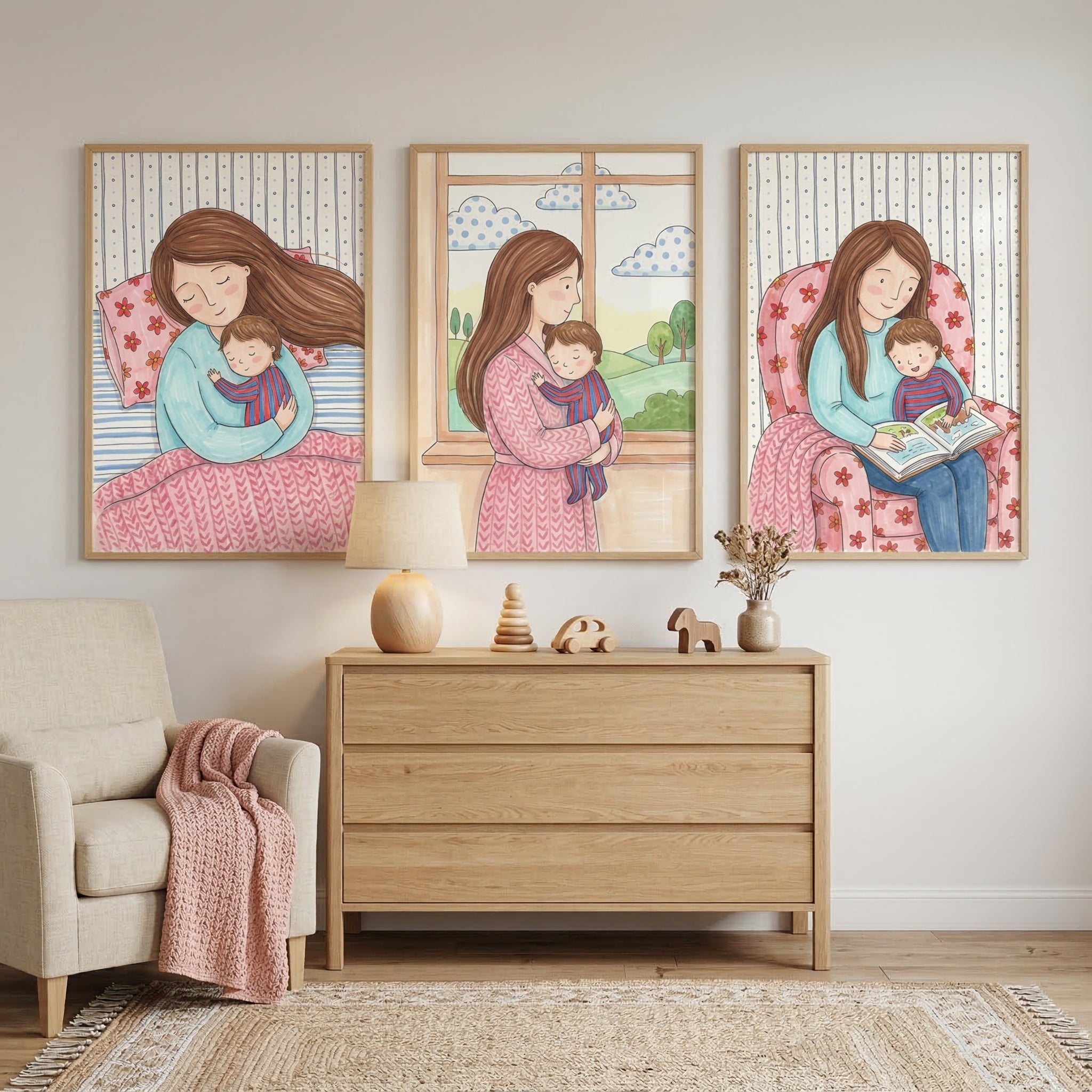 Loving Mom And Child Bonding Wall Art Set of 3 - Sweet Motherhood Moments