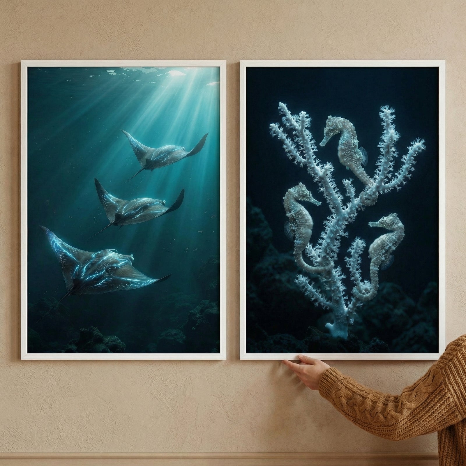 Two framed underwater photographs hang on a wall while a person adjusts one frame. One shows three manta rays gliding through deep blue water with sunlight streaming down while the other shows several seahorses clinging to coral in a dark ocean setting.