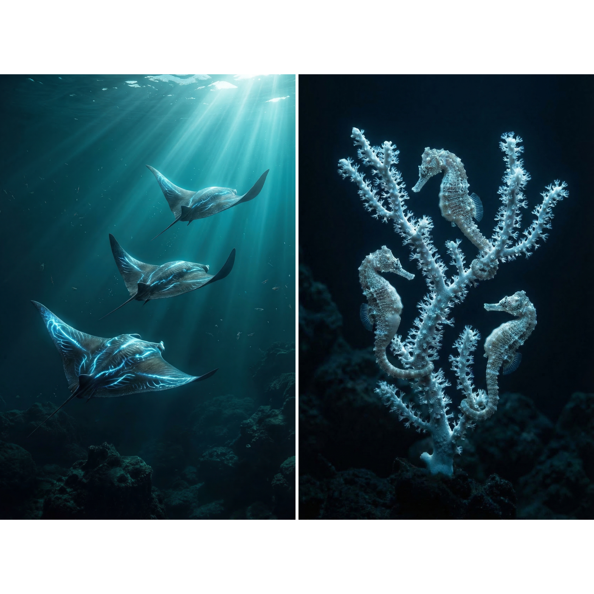 Luminous Blue Ocean Animal Wall Art Set of 2 - Luminous Ocean Depths