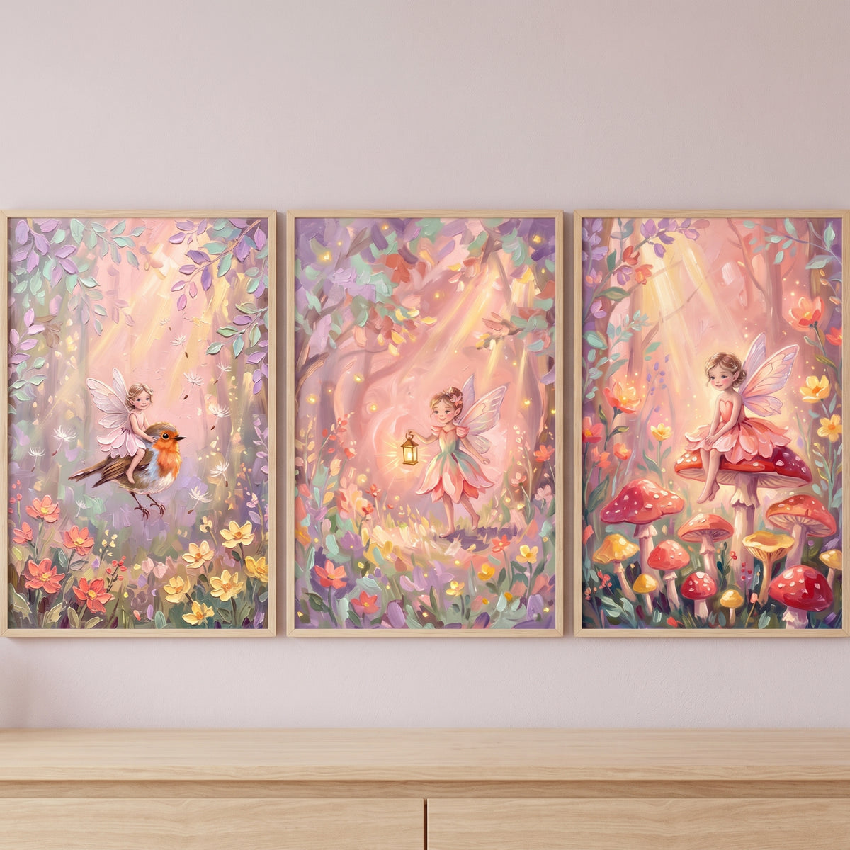 Luminous Blush Enchanted Fairy Wall Art Set of 3 - Magical Forest Fairies