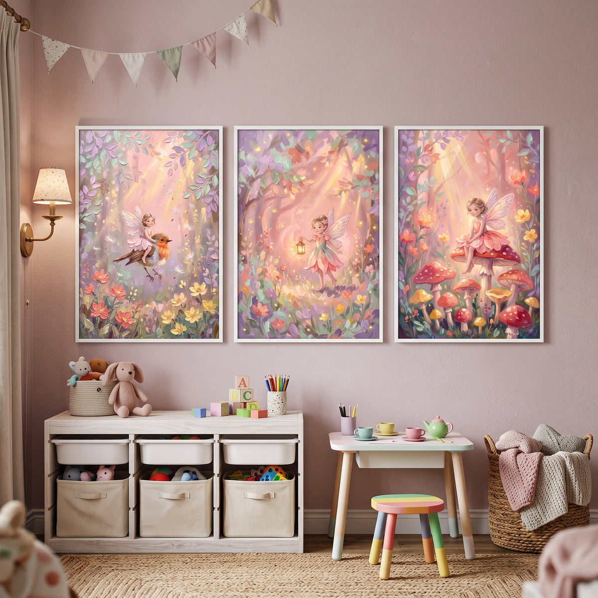 Luminous Blush Enchanted Fairy Wall Art Set of 3 - Magical Forest Fairies