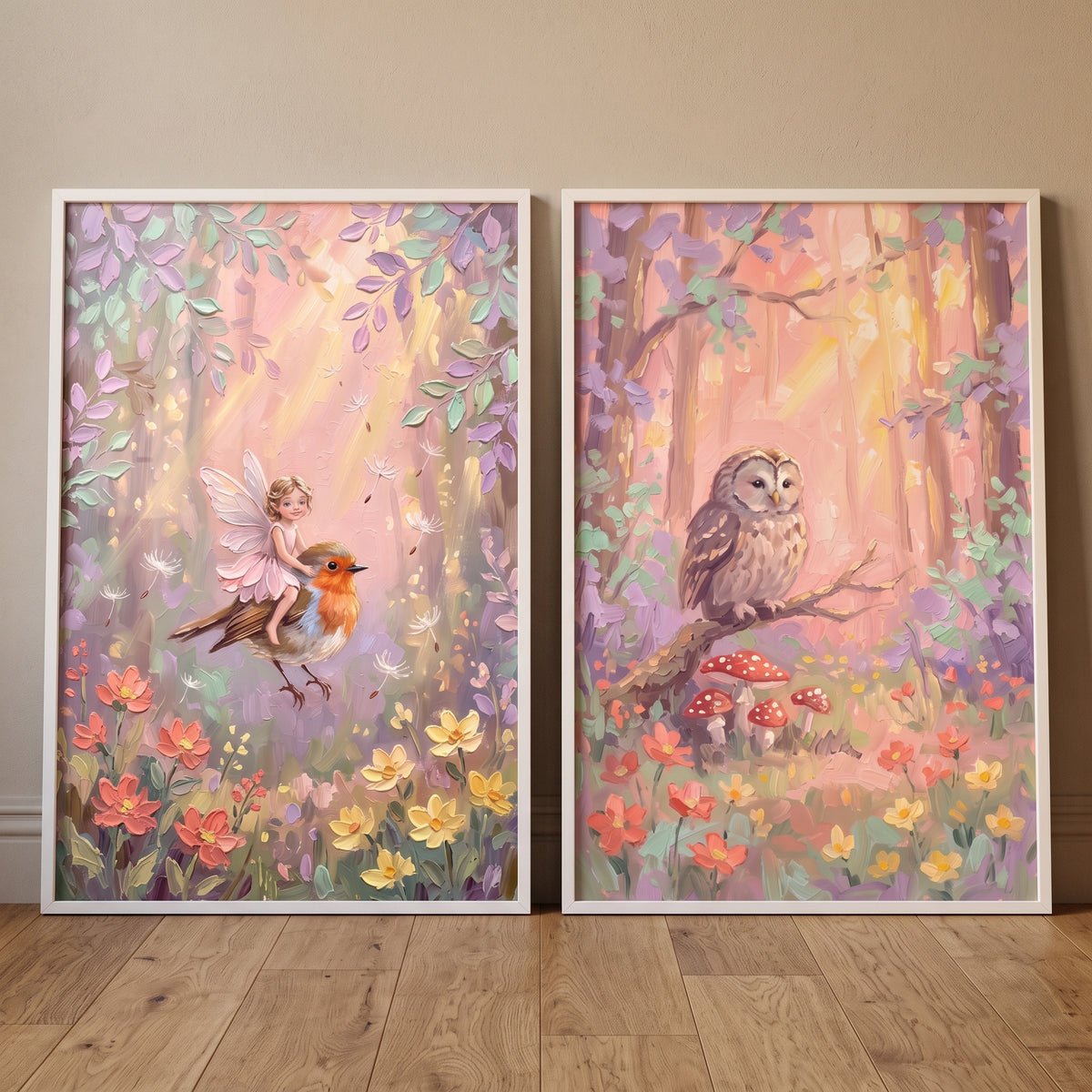 Luminous Golden Woodland Forest Wall Art Set of 2 - Whimsical Woodland Magic