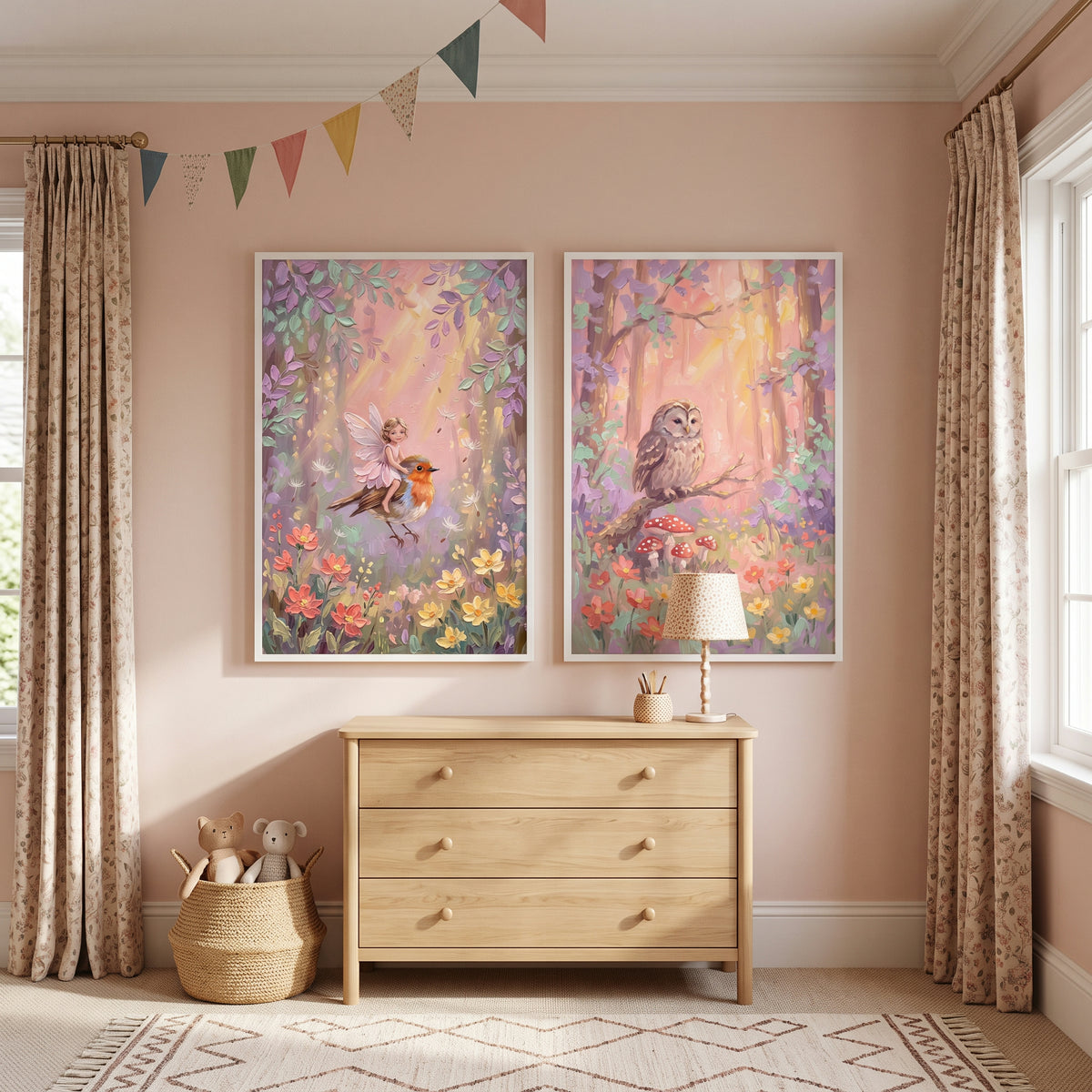 Luminous Golden Woodland Forest Wall Art Set of 2 - Whimsical Woodland Magic
