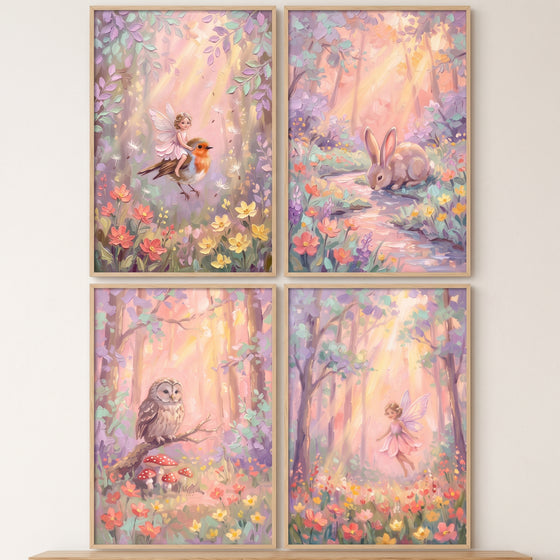 Luminous Impasto Forest Wall Art Set of 4 - Enchanted Forest Dreams