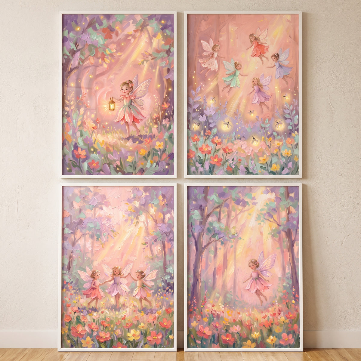 Luminous Lilac Woodland Fairy Wall Art Set of 4 - Whimsical Forest Fairies