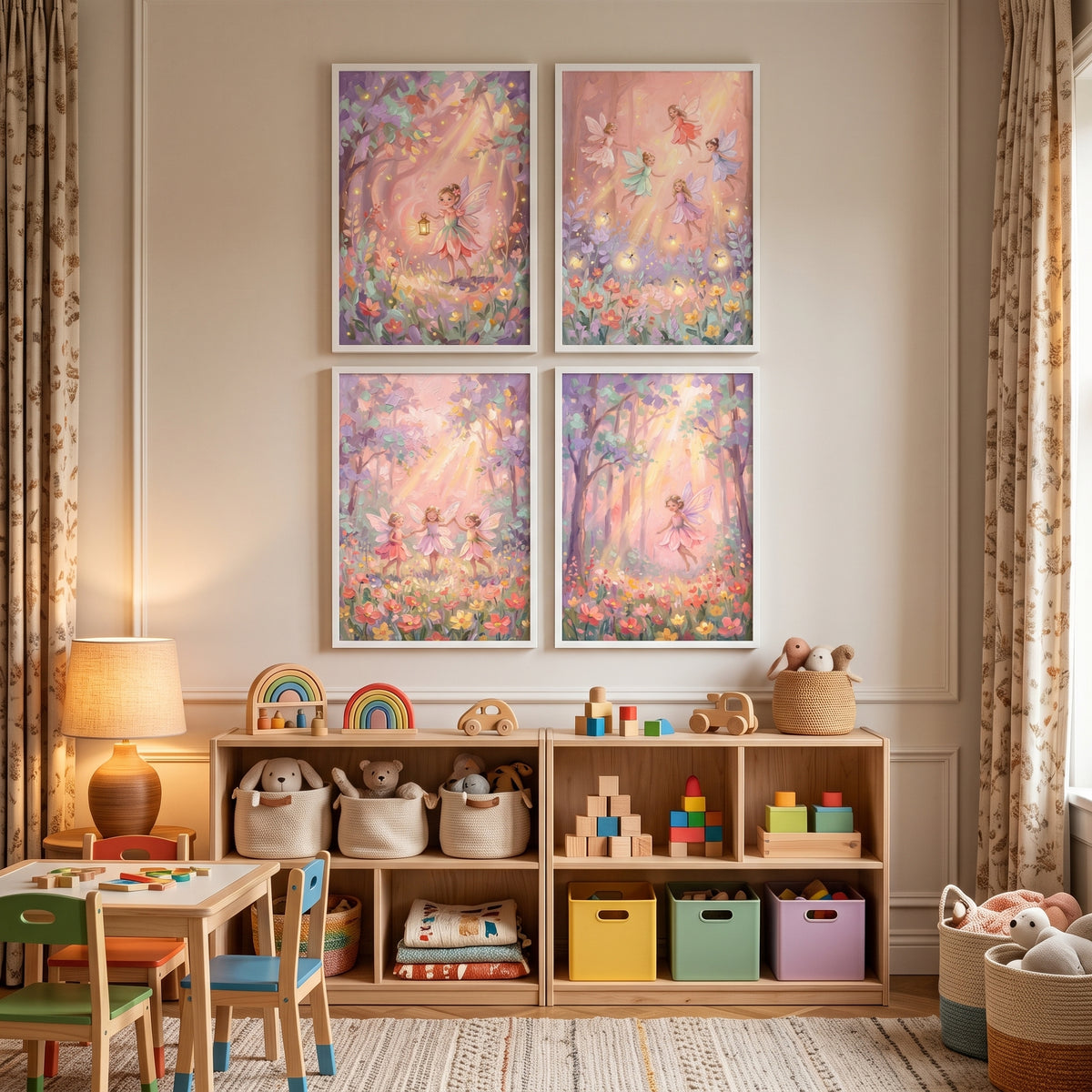 Luminous Lilac Woodland Fairy Wall Art Set of 4 - Whimsical Forest Fairies