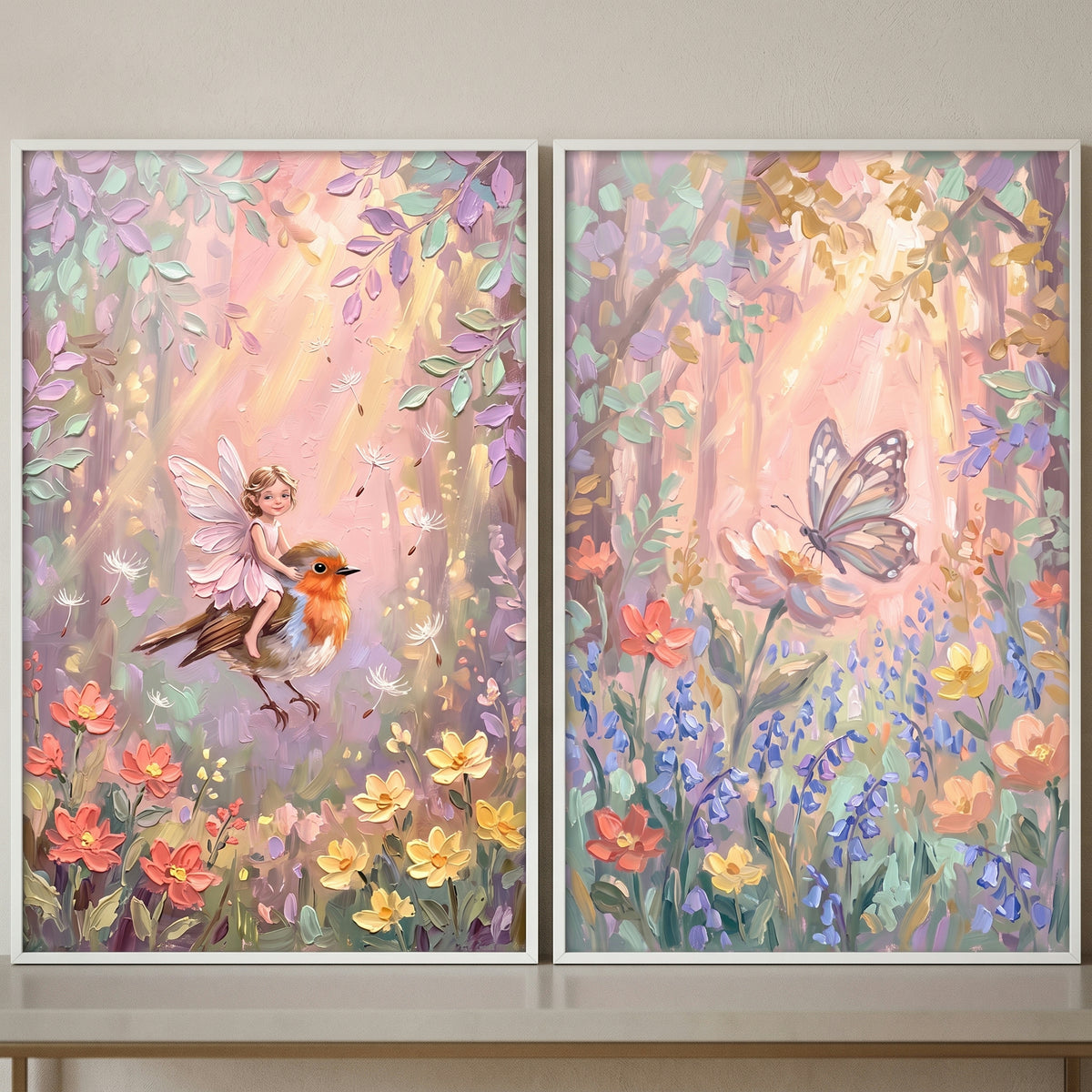 Luminous pastel enchanted forest wall art set of 2 featuring a fairy on a bird and a butterfly among wildflowers.