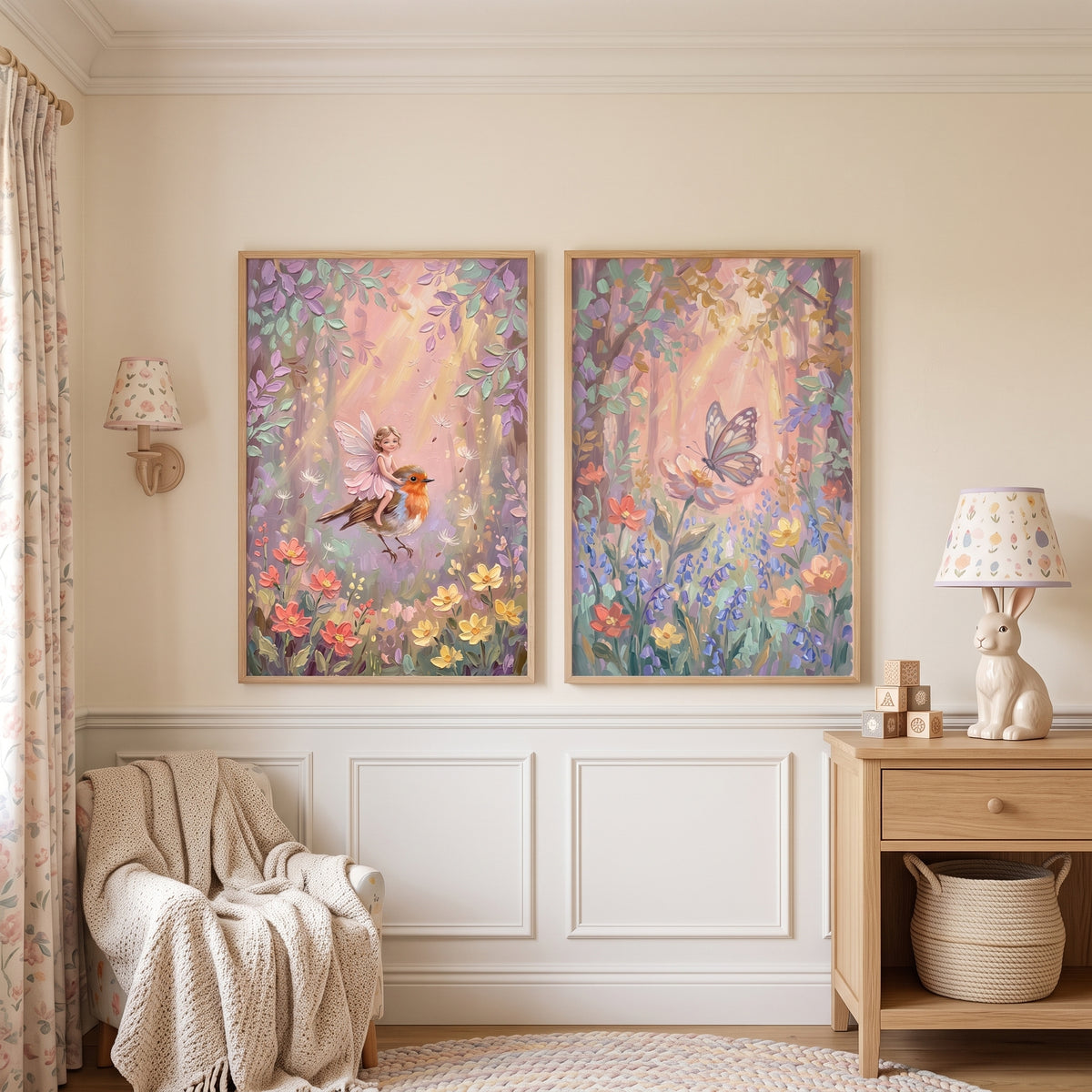 Luminous Pastel Enchanted Forest Wall Art Set of 2 - Enchanted Meadow Flight
