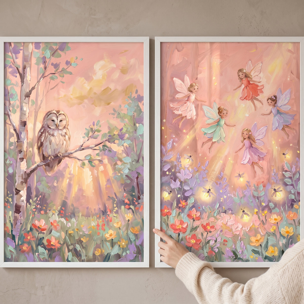 Luminous pink enchanted forest wall art set of 2 featuring an owl and flying fairies above a field of wildflowers.