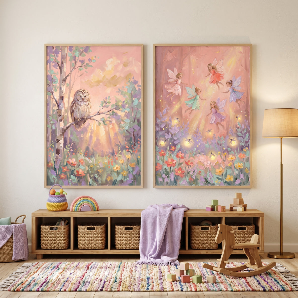 Luminous Pink Enchanted Forest Wall Art Set of 2 - Whimsical Fairy Meadow