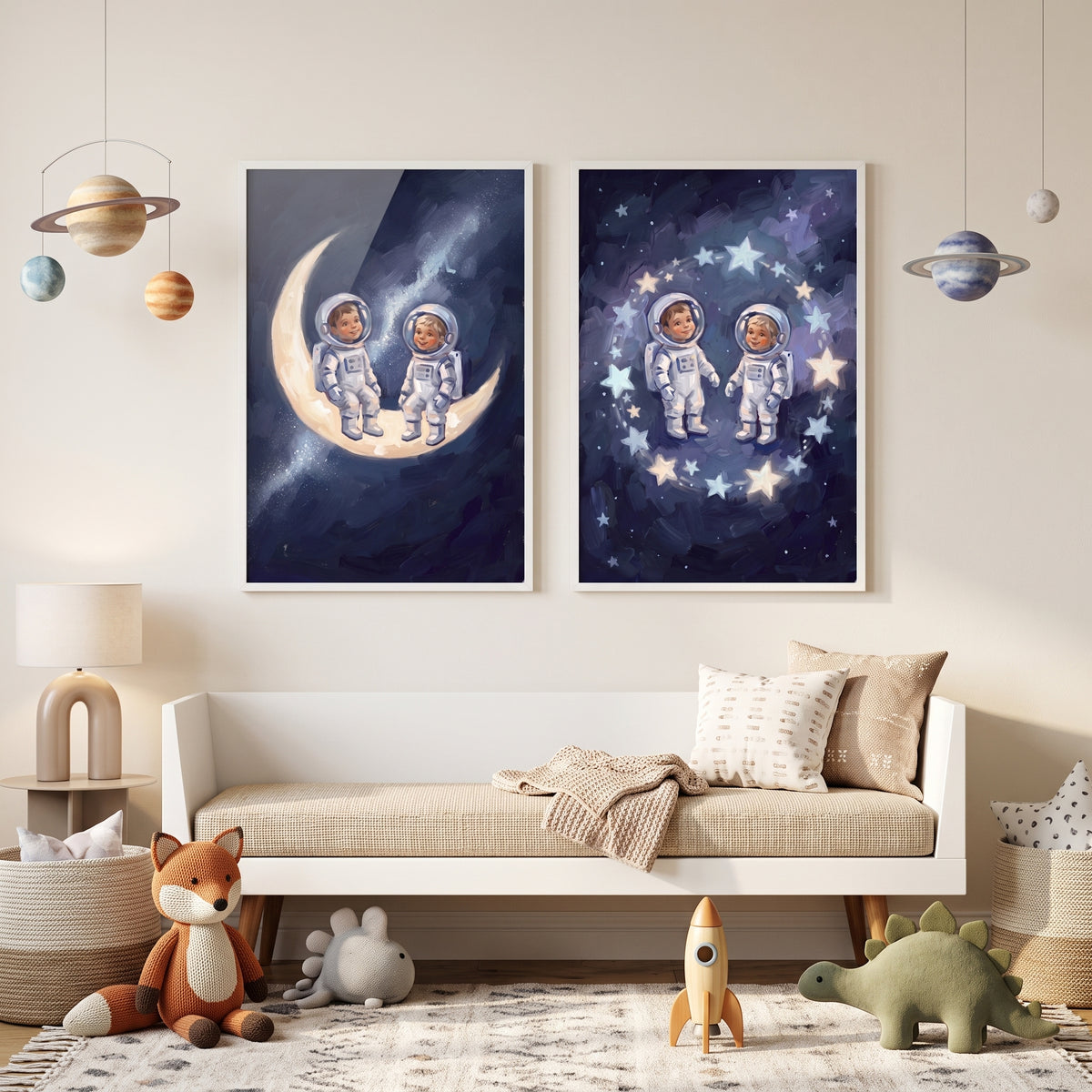 Luminous Starlit Baby Astronauts Wall Art Set of 2 - Little Space Voyagers