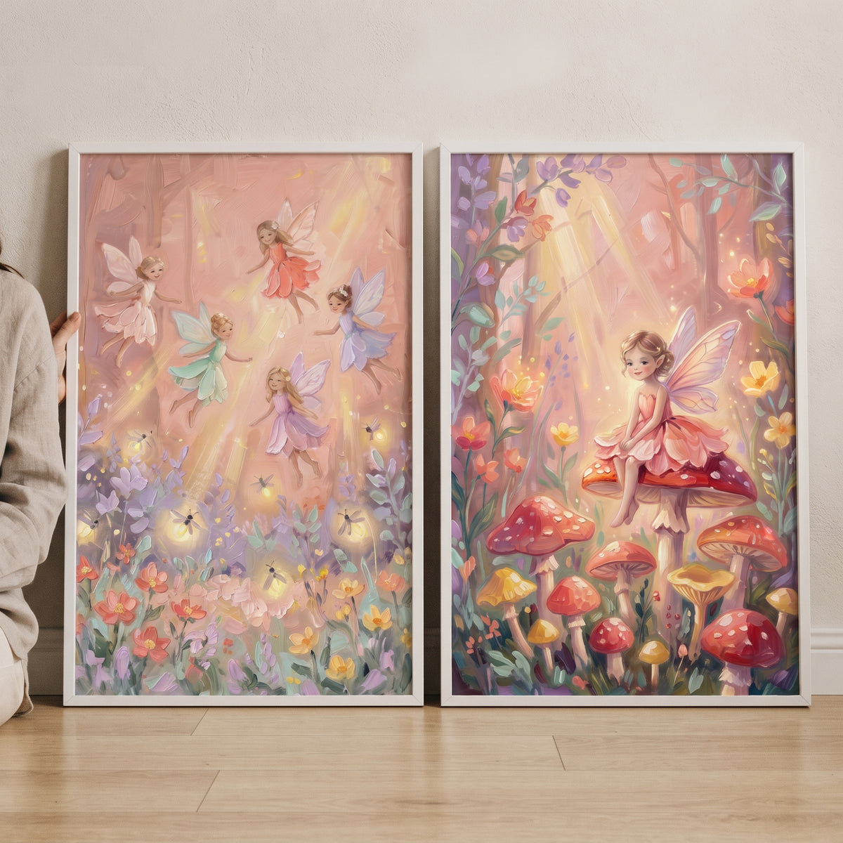 Luminous sunbeam magical fairy wall art set of 2 featuring fairies in wildflower meadows and on glowing mushrooms.