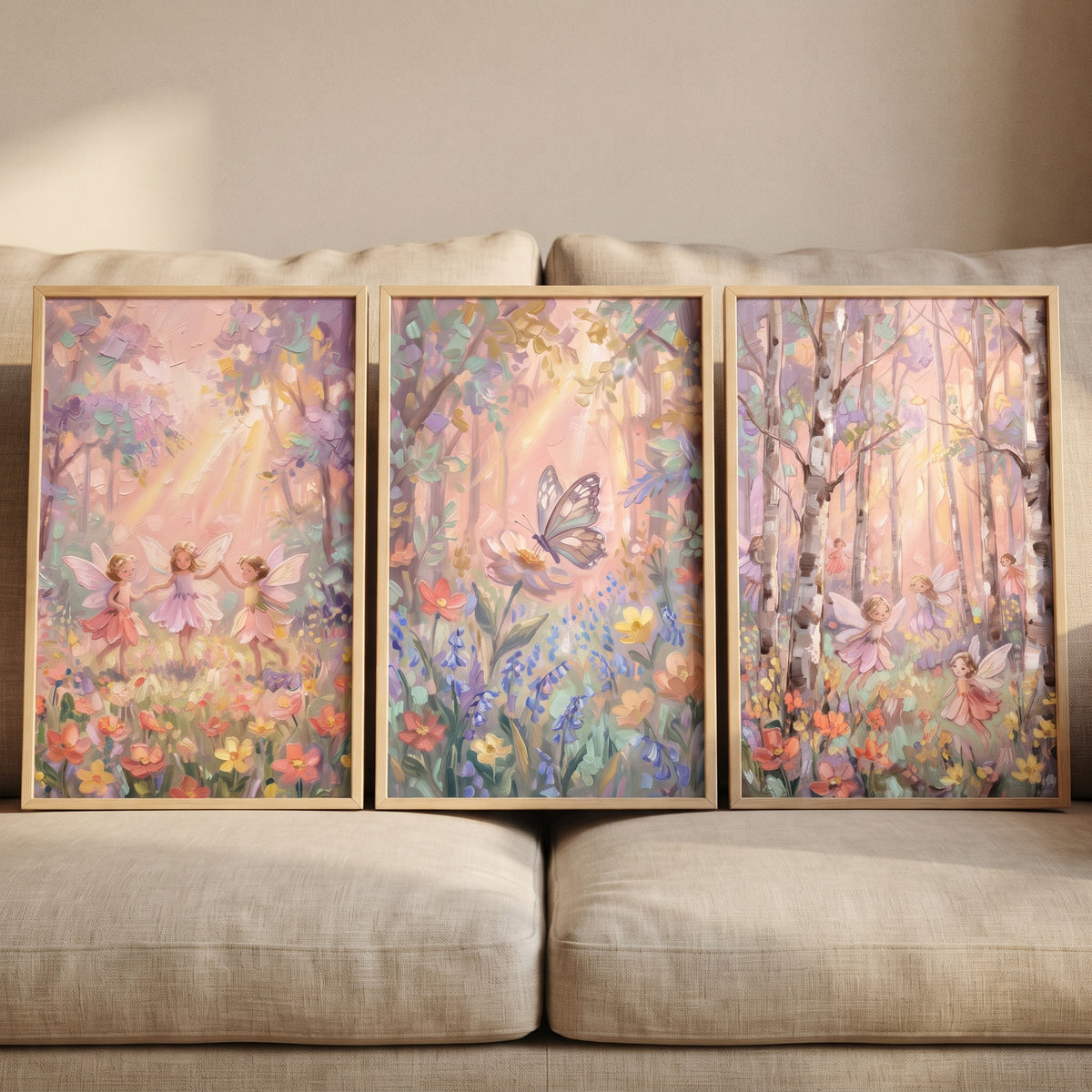 Luminous sunbeam magical forest wall art set of 3 featuring fairies, butterflies, and flowers in a pastel woodland.