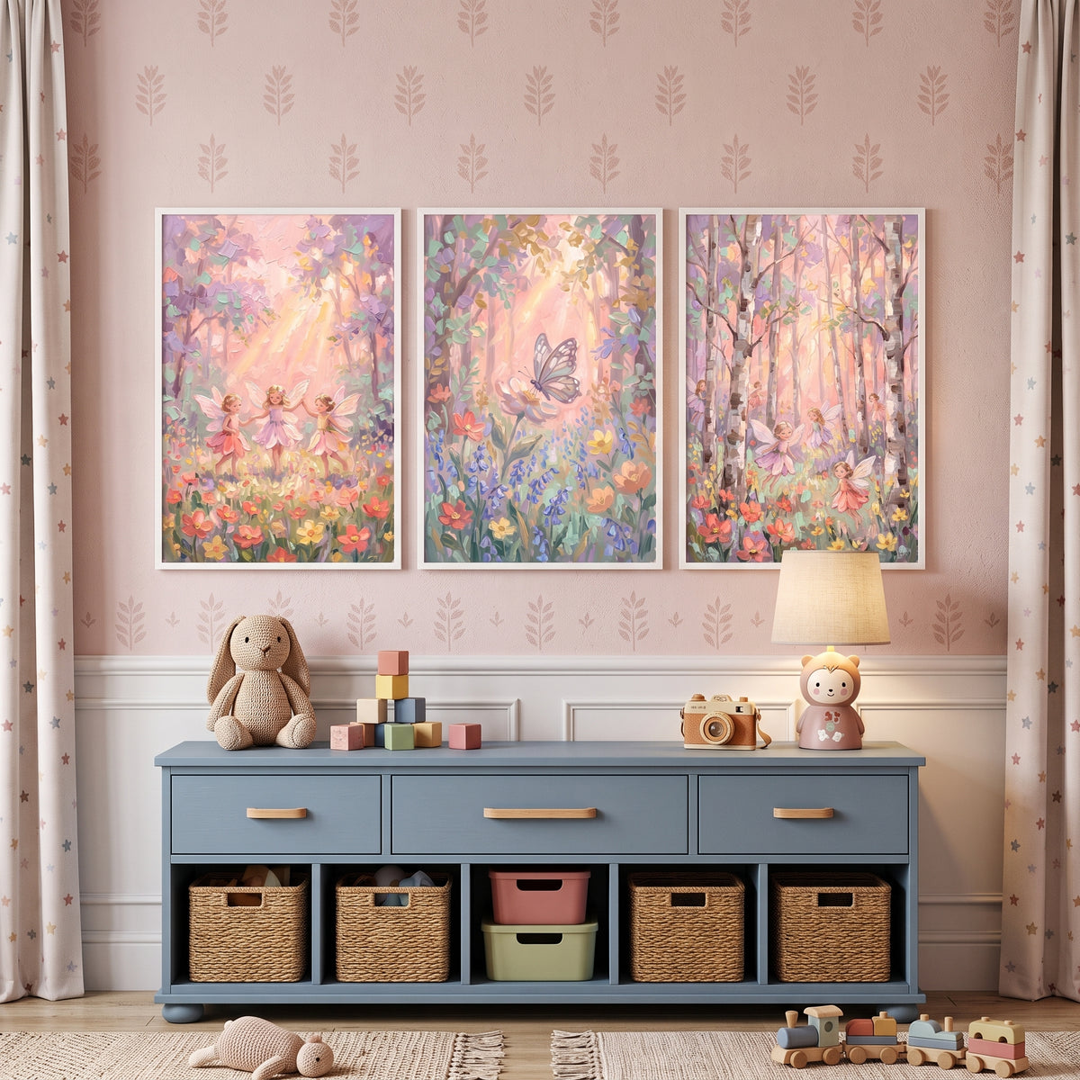 Luminous Sunbeam Magical Forest Wall Art Set of 3 - Enchanted Meadow Dance