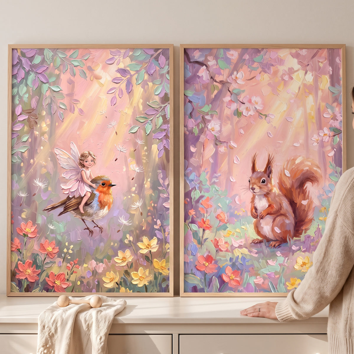 Luminous Sunbeam Pastel Forest Wall Art Set of 2 - Whimsical Forest Tales