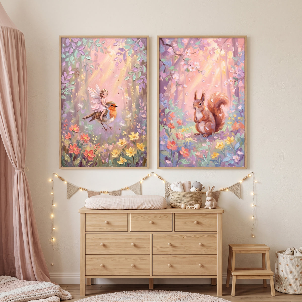 Luminous Sunbeam Pastel Forest Wall Art Set of 2 - Whimsical Forest Tales