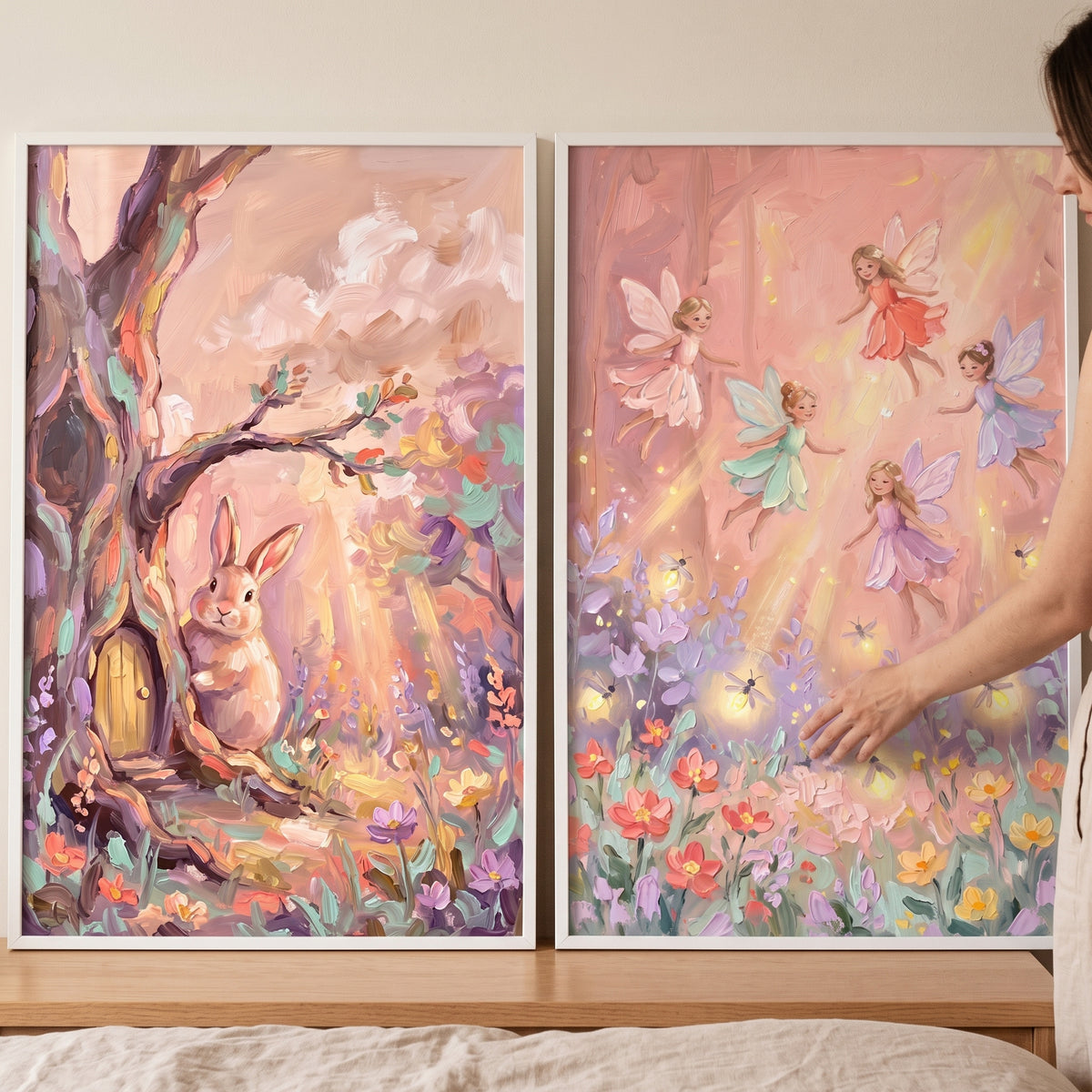 Luminous sunlit enchanted woodland wall art set of 2 featuring a rabbit by a tree house and flying fairies over flowers.