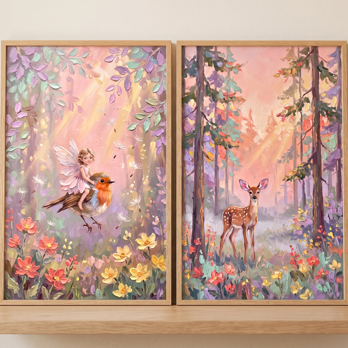 Luminous sunlit woodland wall art set of 2 featuring a fairy riding a bird and a fawn among colorful forest flowers.
