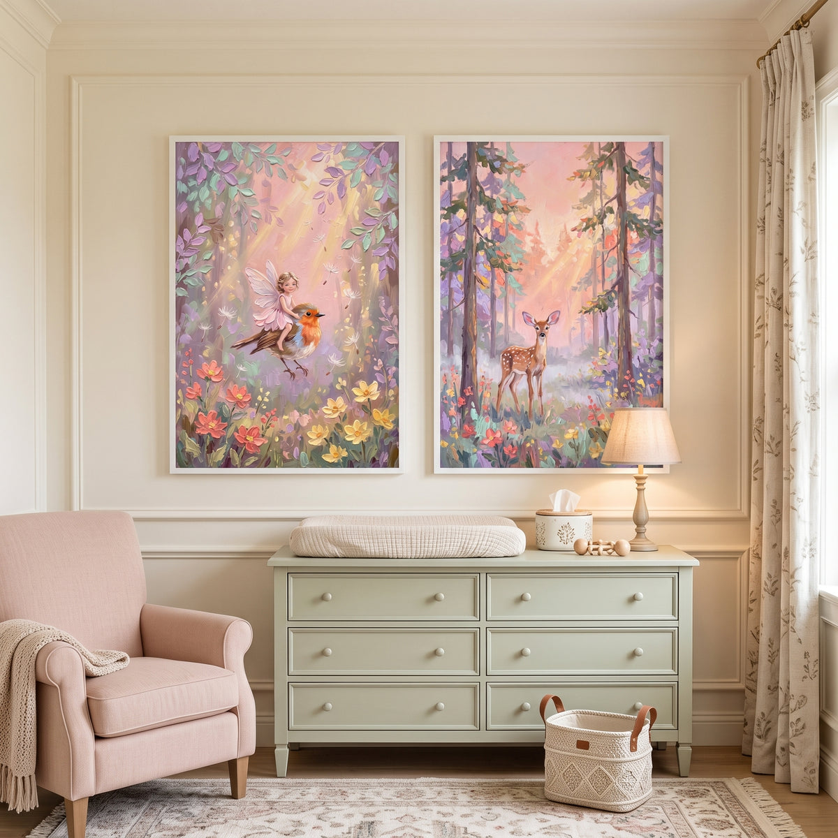 Luminous Sunlit Woodland Wall Art Set of 2 - Enchanted Woodland Magic