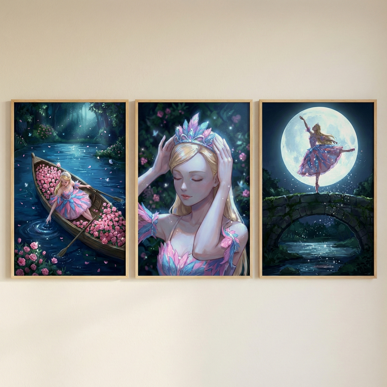 A series of three framed digital illustrations is displayed side-by-side on a light-colored wall. Each scene features a young woman with long blonde hair in a magical, night-themed setting.  In the leftmost illustration, she is seated in a wooden boat overflowing with pink flowers, floating on a dark pond within a glowing, enchanted forest. 

