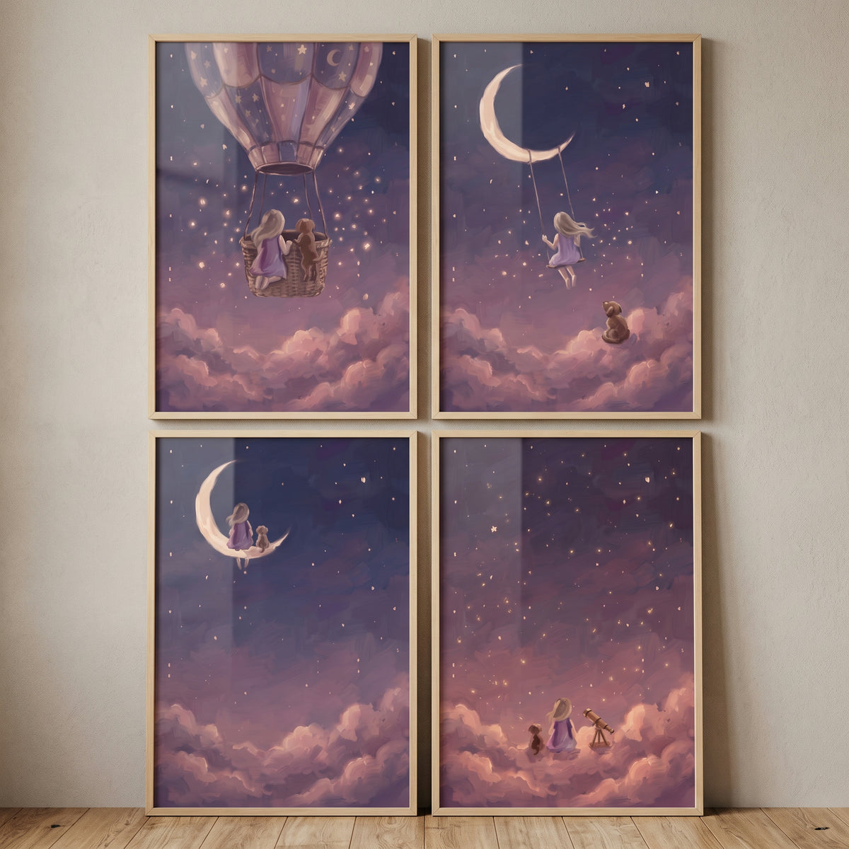 Lunar purple girl dog wall art set of 4 featuring a child and pet in a hot air balloon, on moons, and using a telescope.