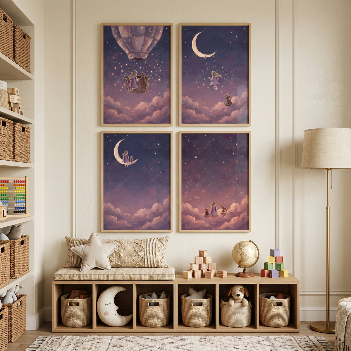 Lunar Purple Girl Dog Wall Art Set of 4 - Moonlit Starry Tales