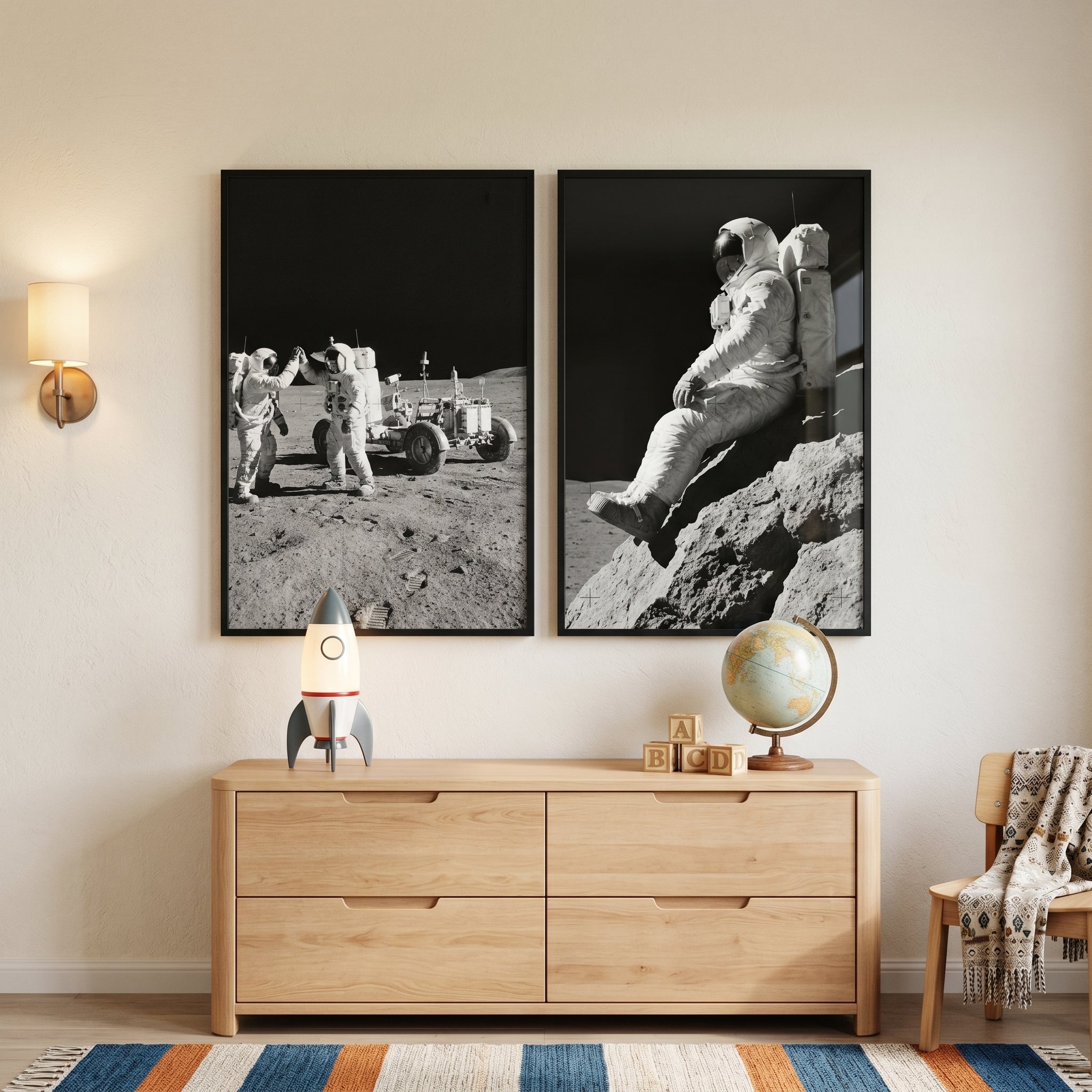 Lunar Surface Vintage Astronaut Artwork Set of 2 - Cosmic Mission